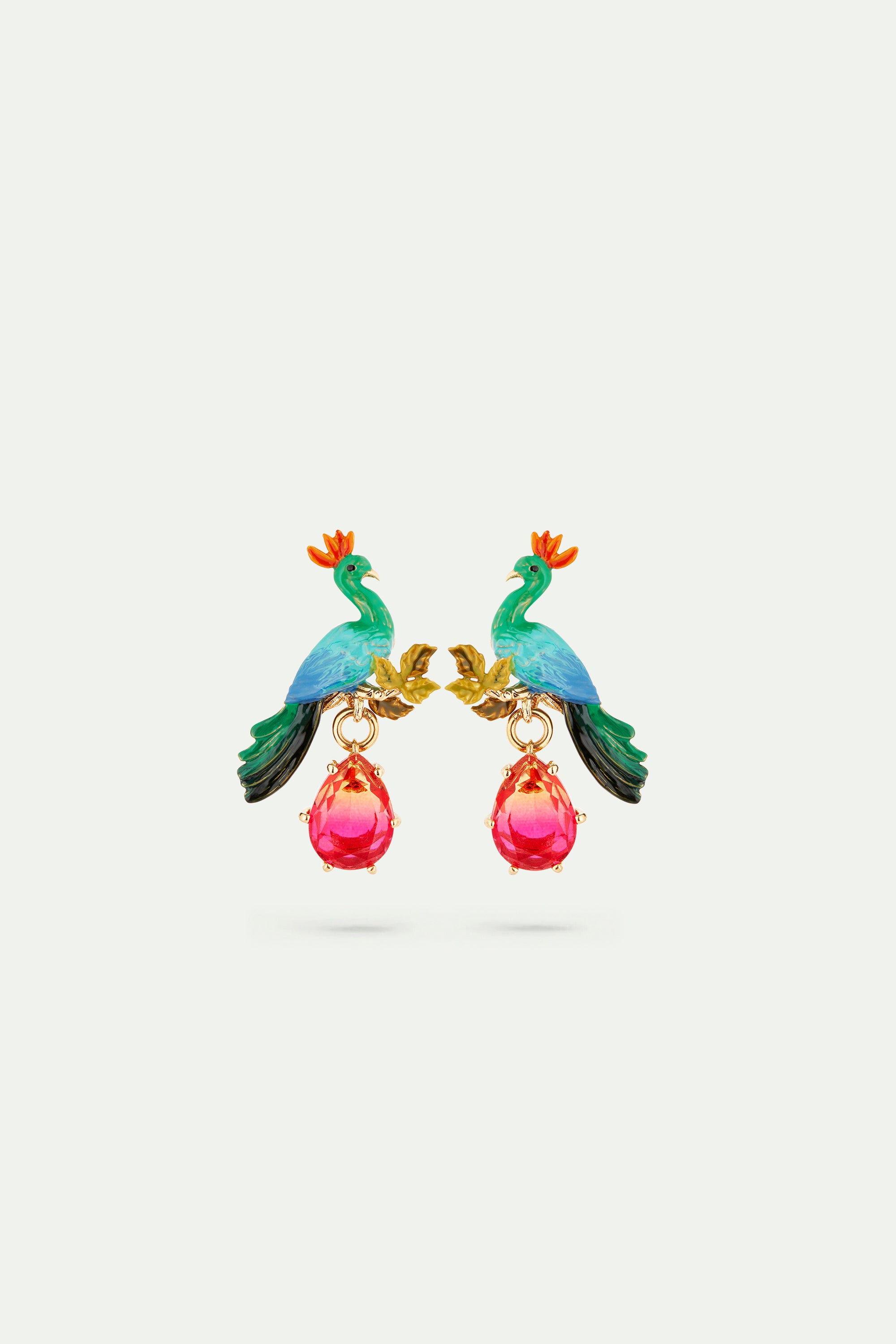 Peacock and faceted glass pear post earrings