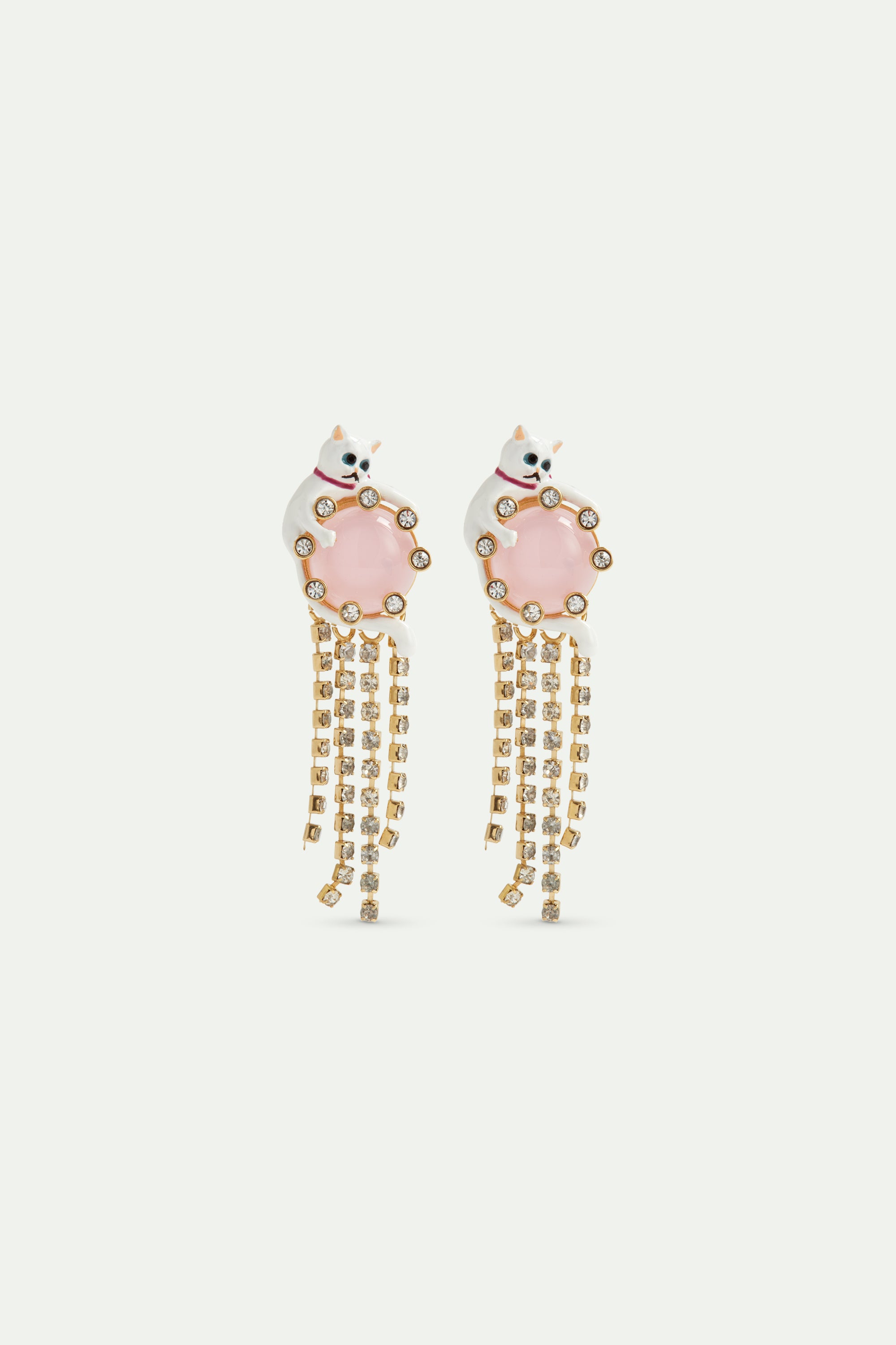 Dangle post earrings with white cat, pink round stone, and rhinestone chain.