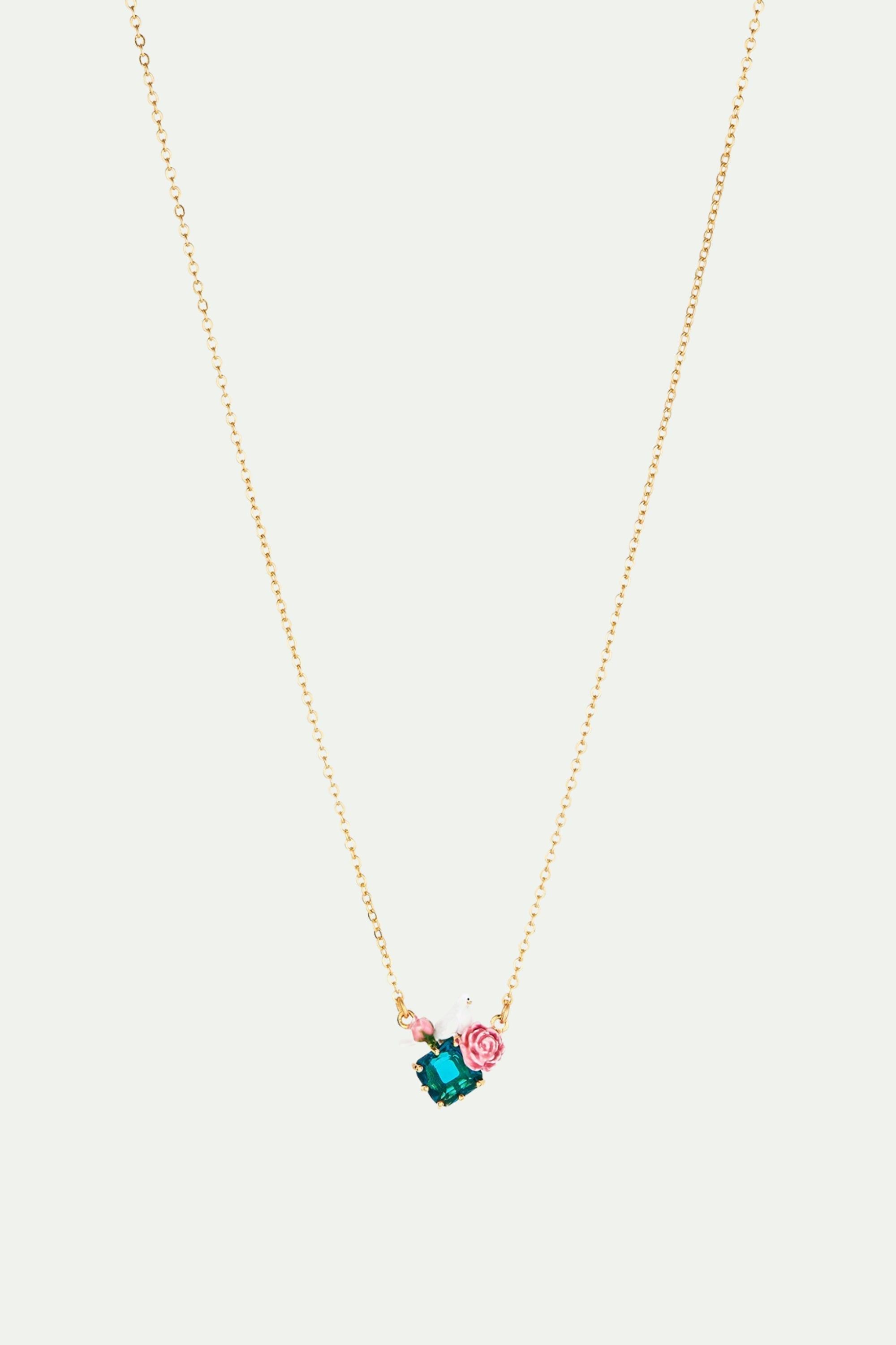 Dove and Peonies on Faceted Glass Stone Thin Necklace