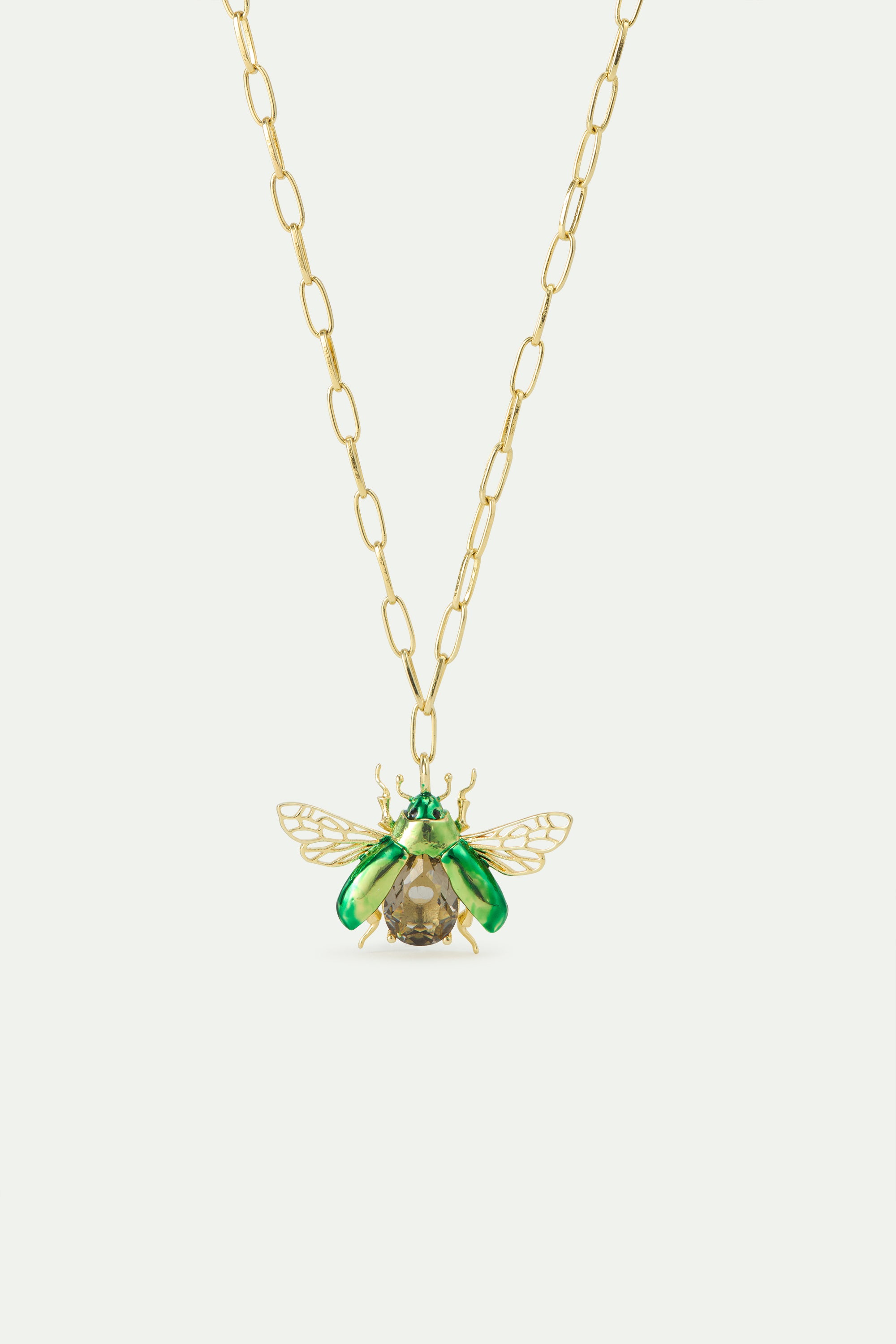 Flying green rose chafer pendant necklace with black faceted stone