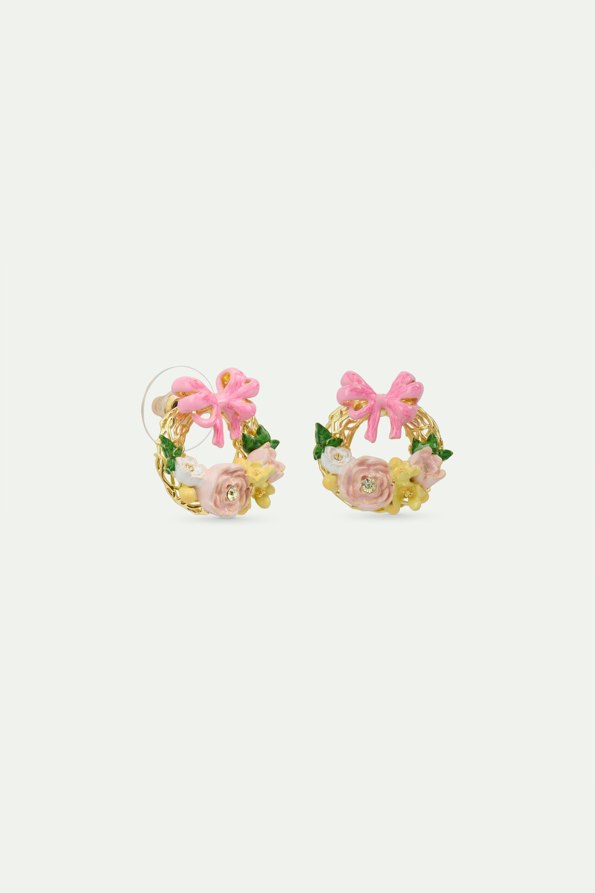 Flower crown and pink bow post earrings