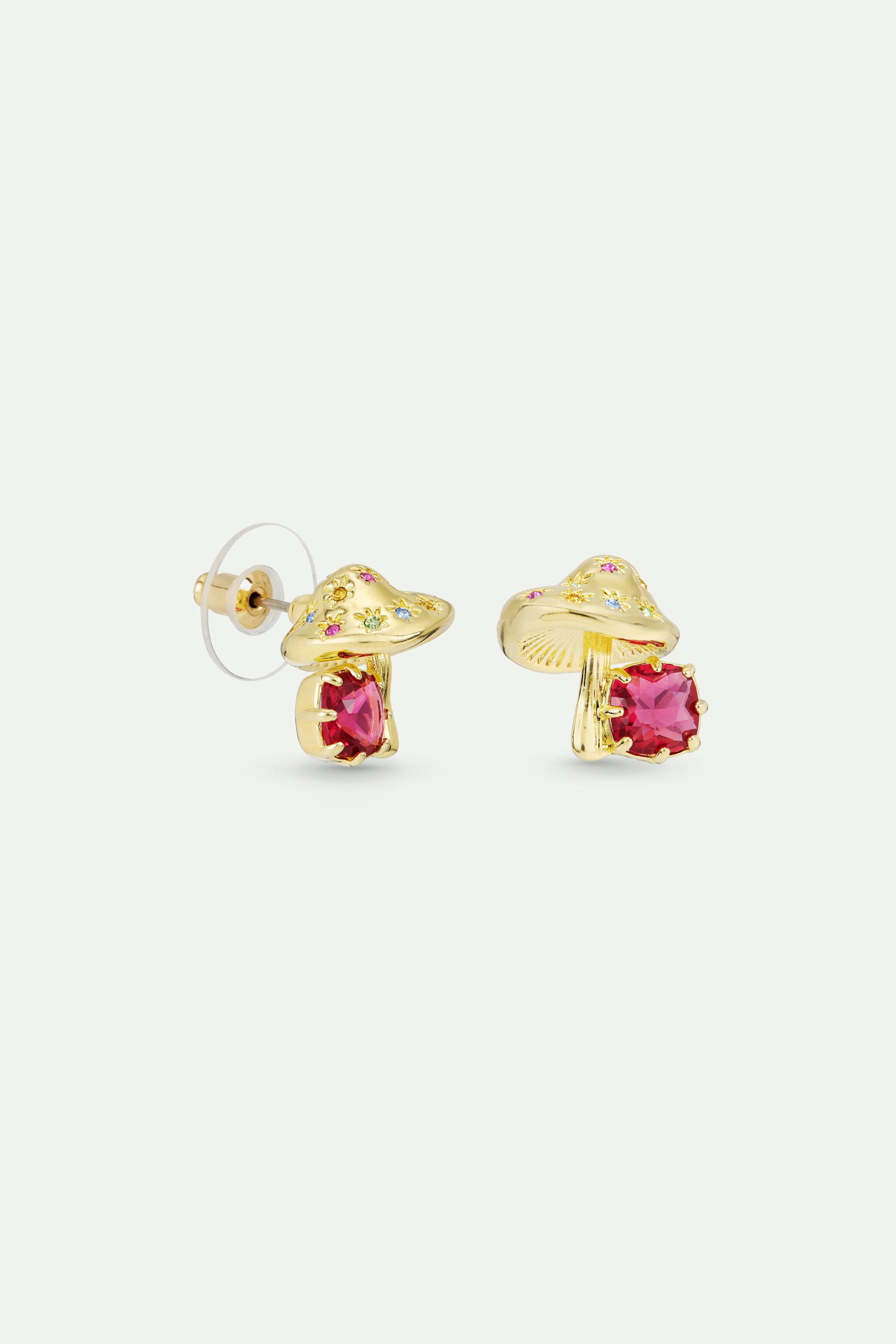 Gold mushroom and pink faceted stone earrings
