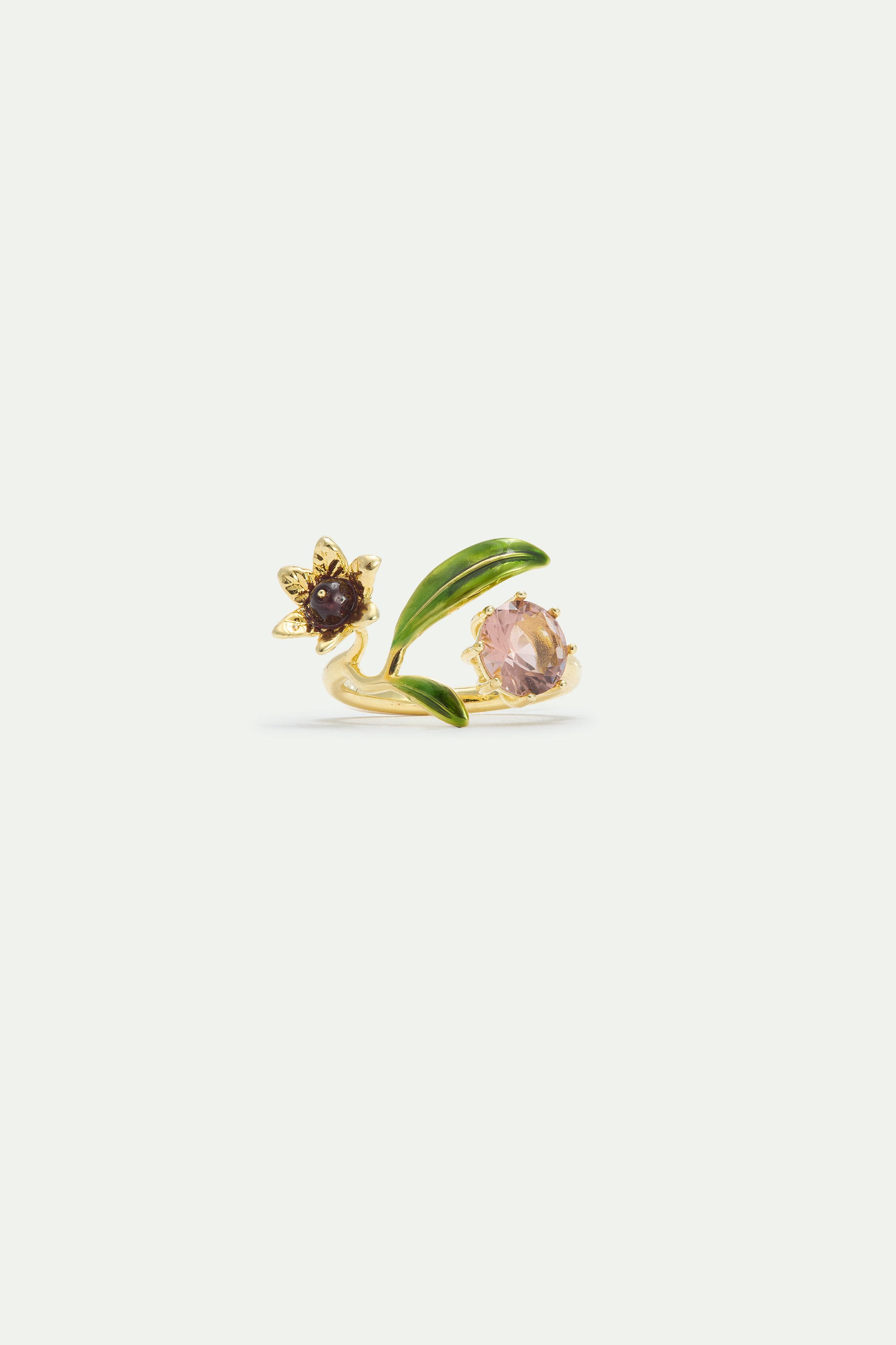 Gold flower adjustable ring with pearl and round pink stone