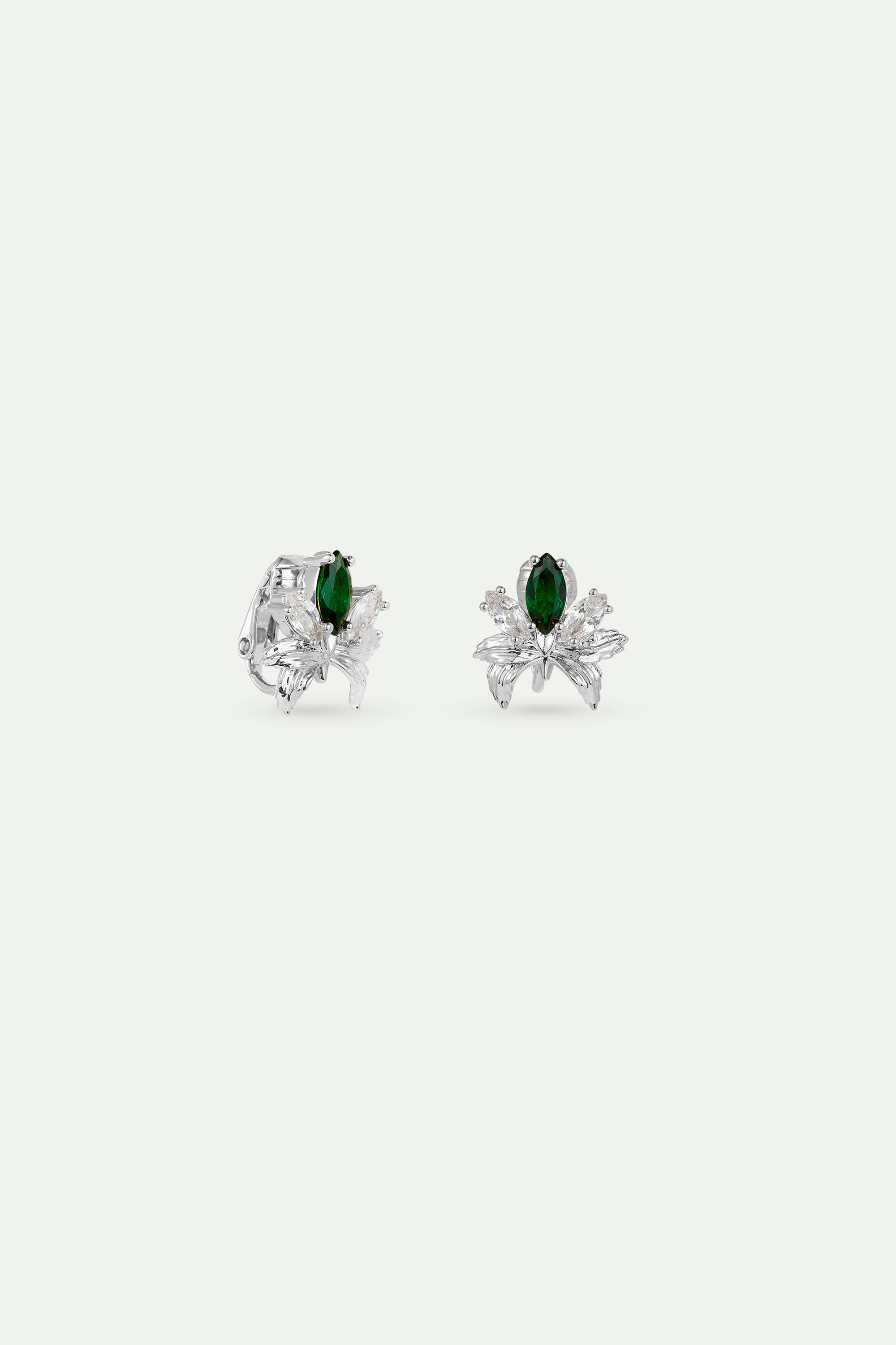 Gold clip-on earrings with orchids, white and green stones