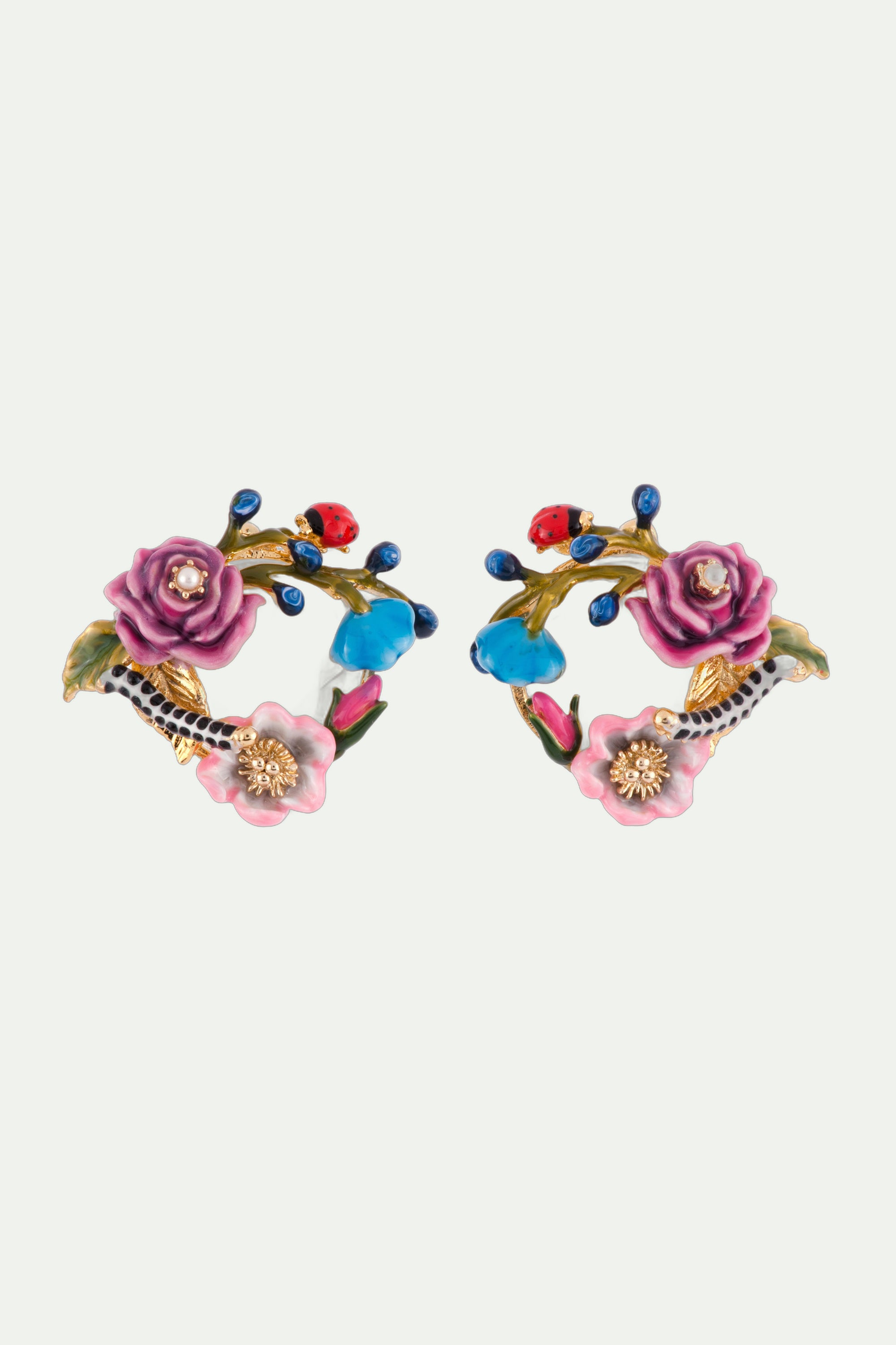 Post earrings ROSE D'ORIENT Pink rose. pale pink flower w/ white glas