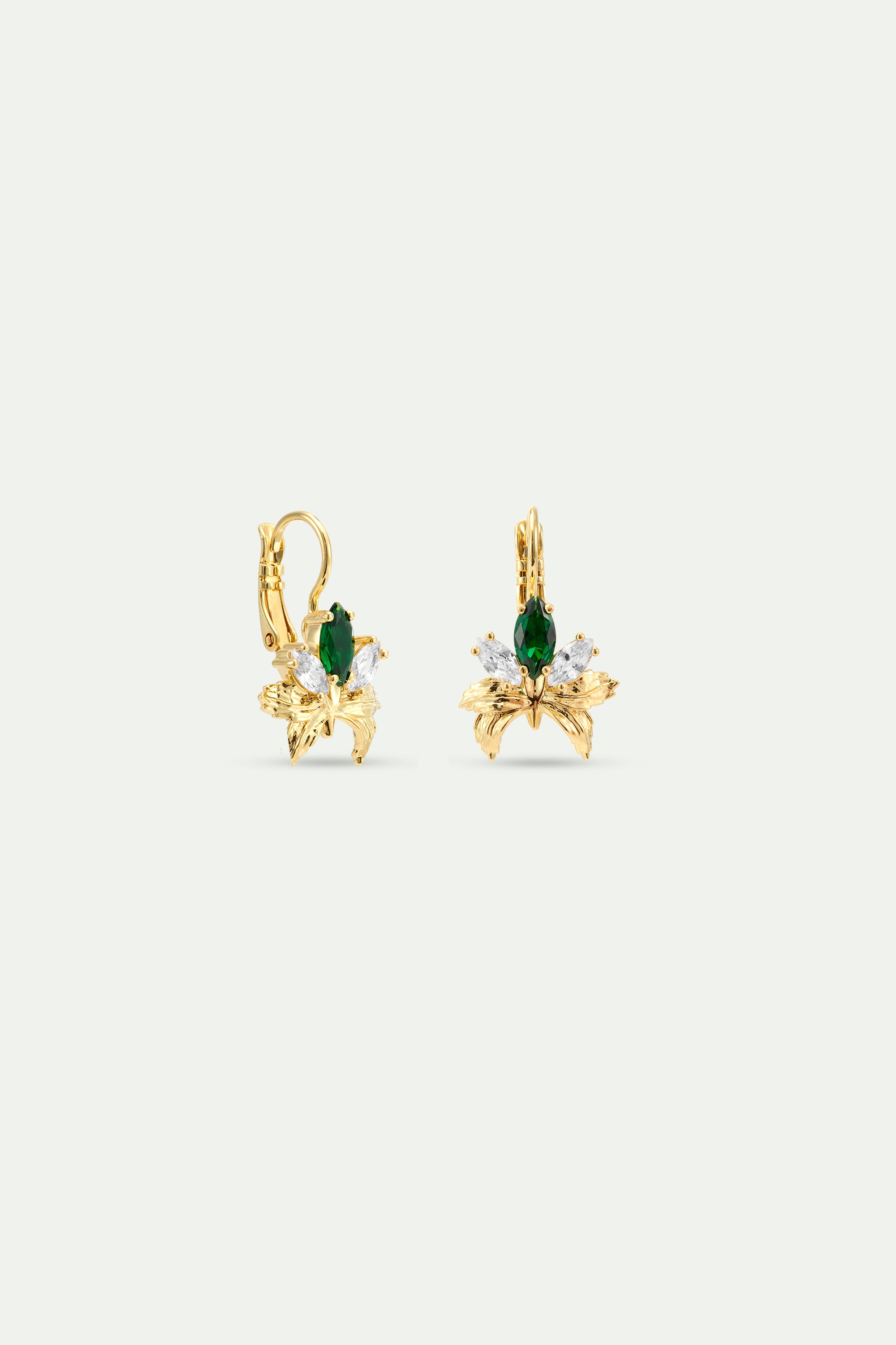 Gold sleeper earrings with orchids, white and green stones