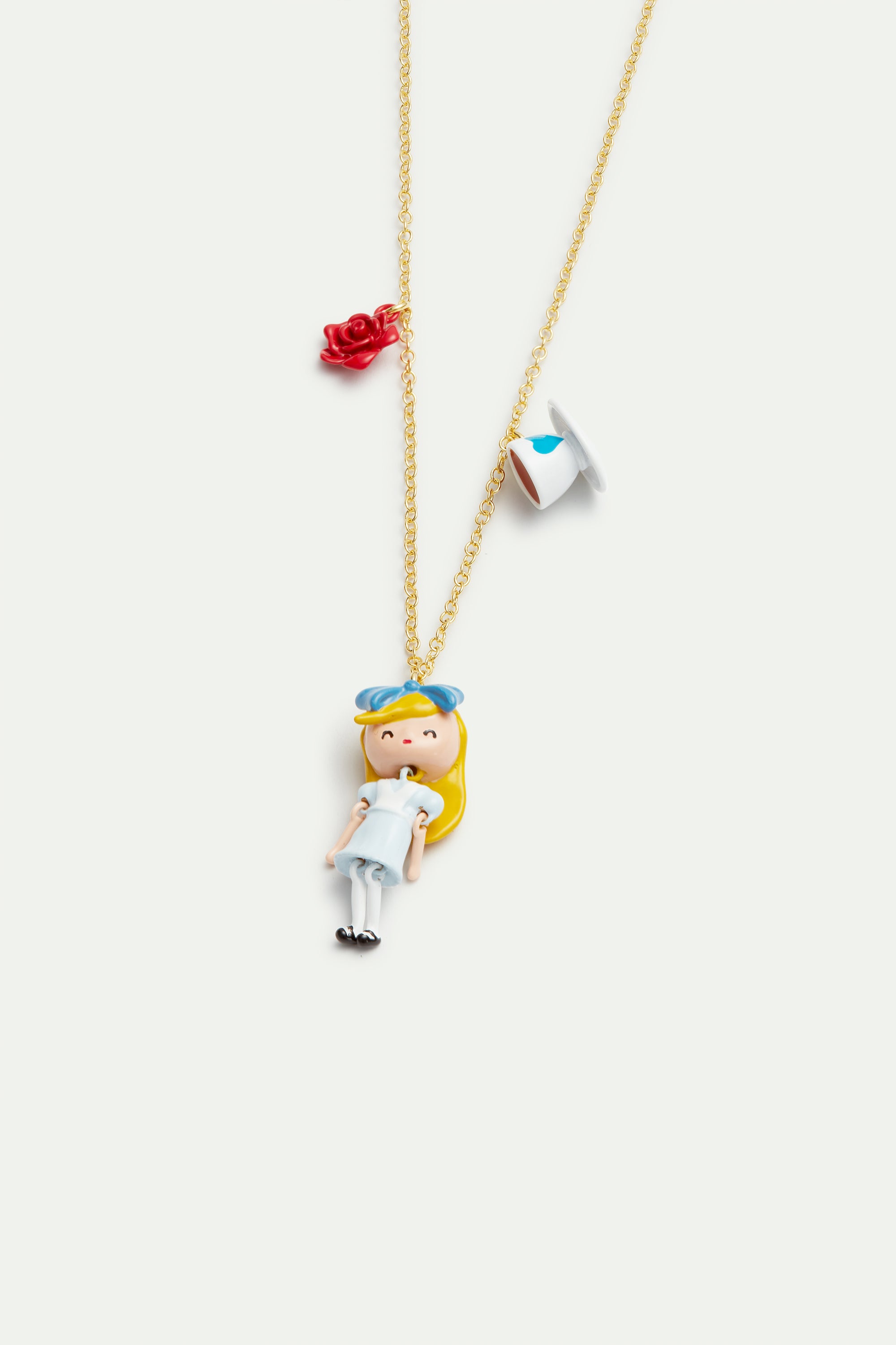 Alice in Wonderland, tea cup and rose pendant necklace