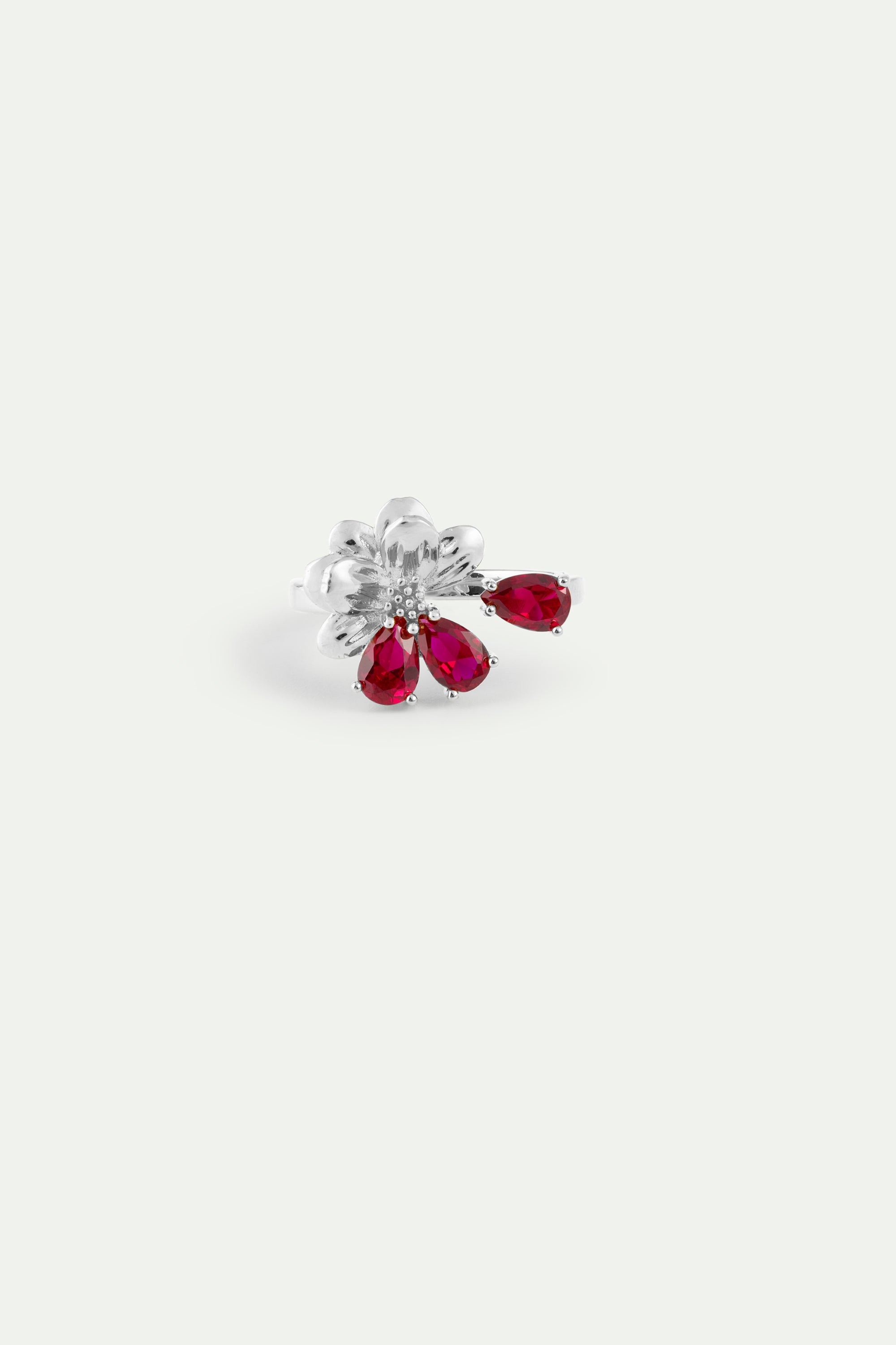 Silver adjustable ring with cosmos and red stones