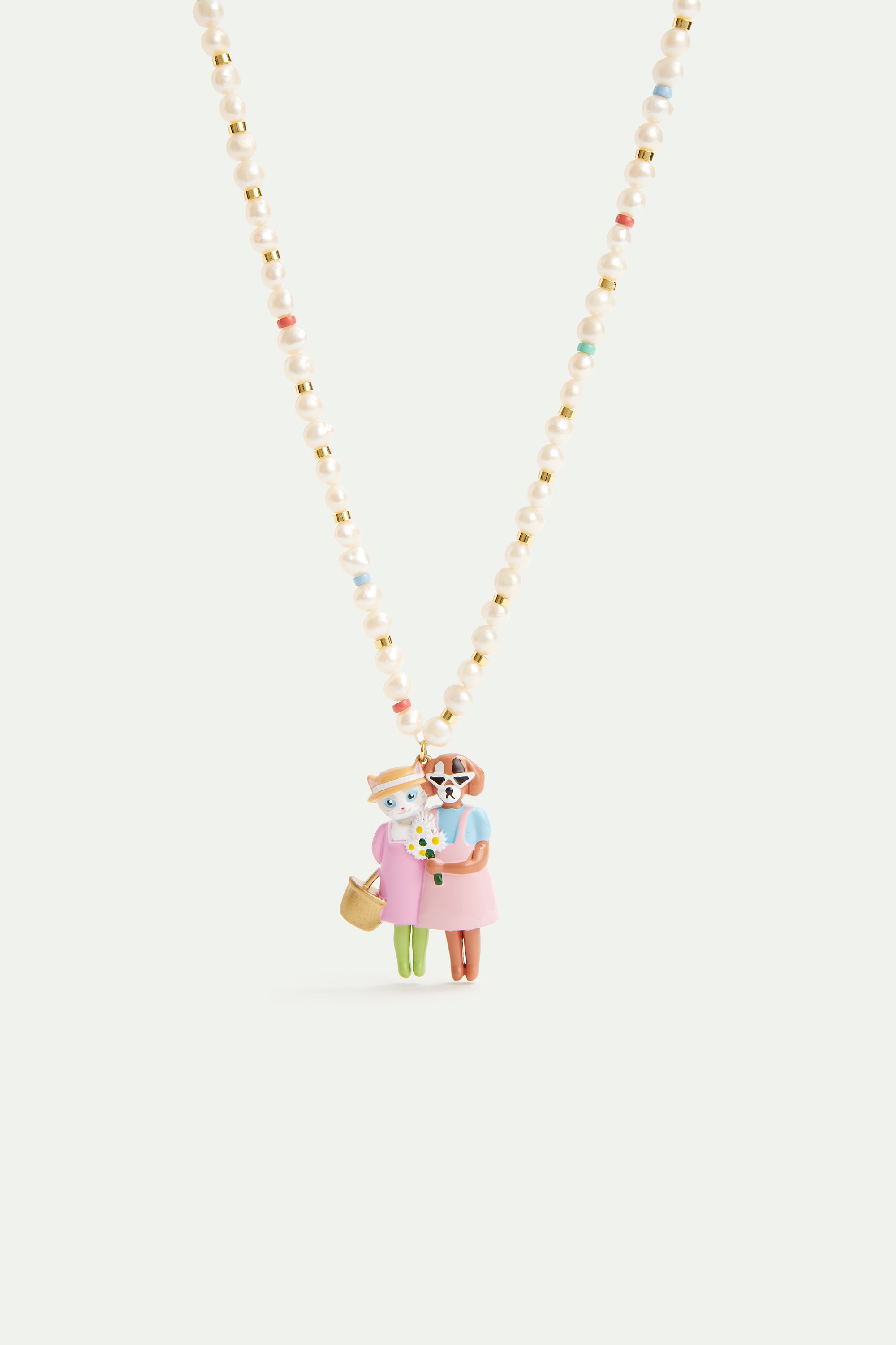 Artificial pearl, cat and dog pendant necklace