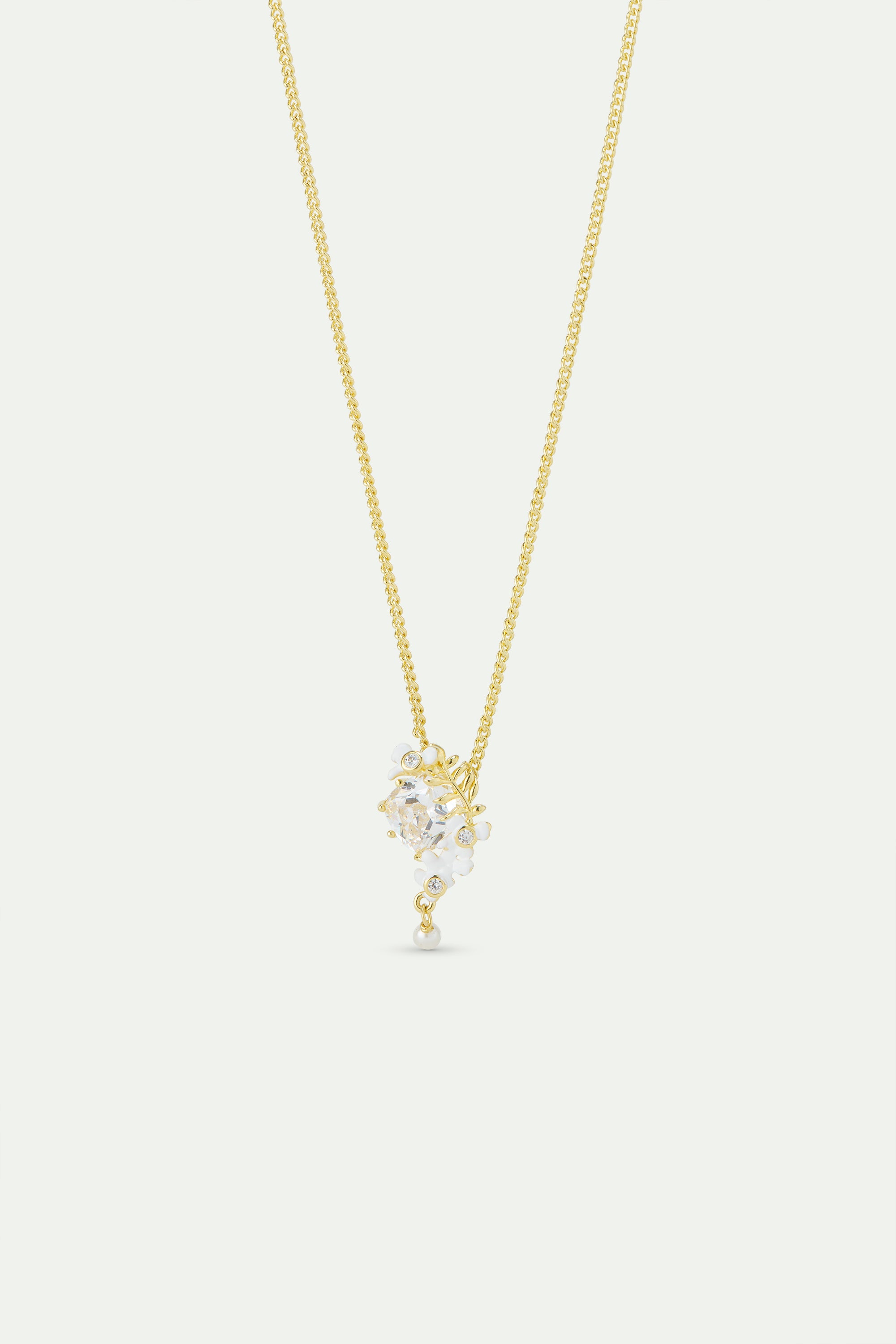 Faceted stone, laurel, white wisteria and cultured pearl necklace