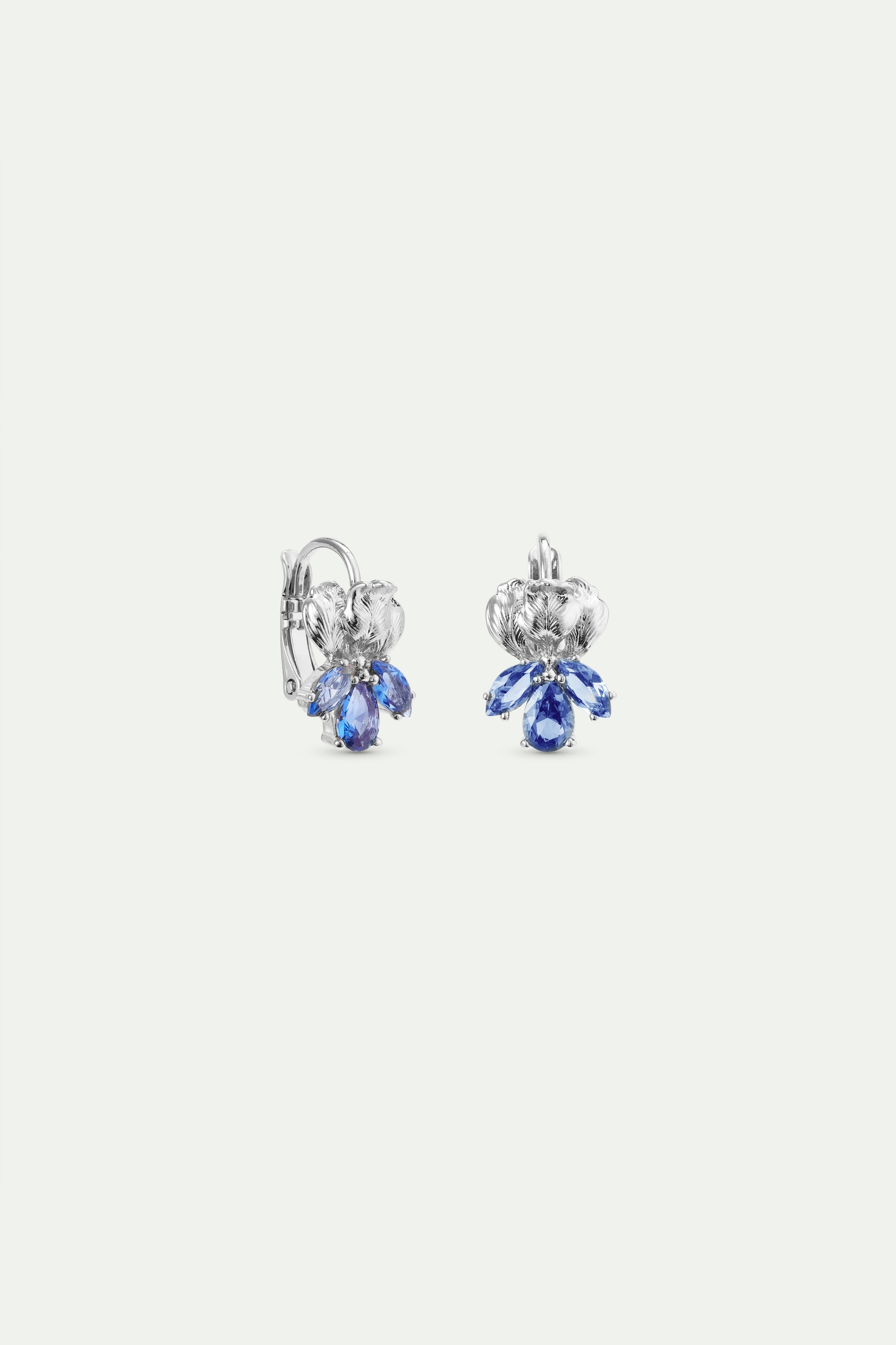 Silver iris and blue stone sleeper earrings