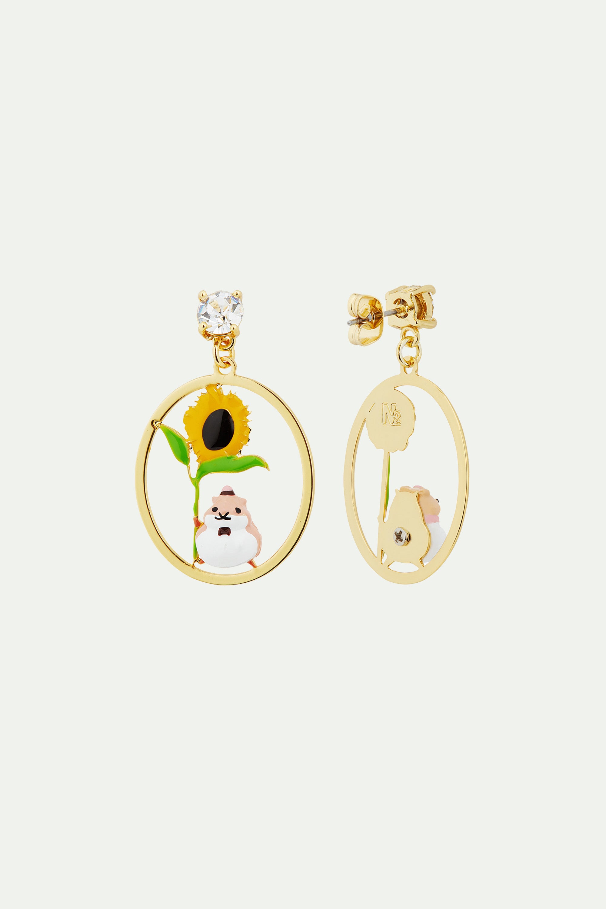 Hamster and flower asymmetrical earrings