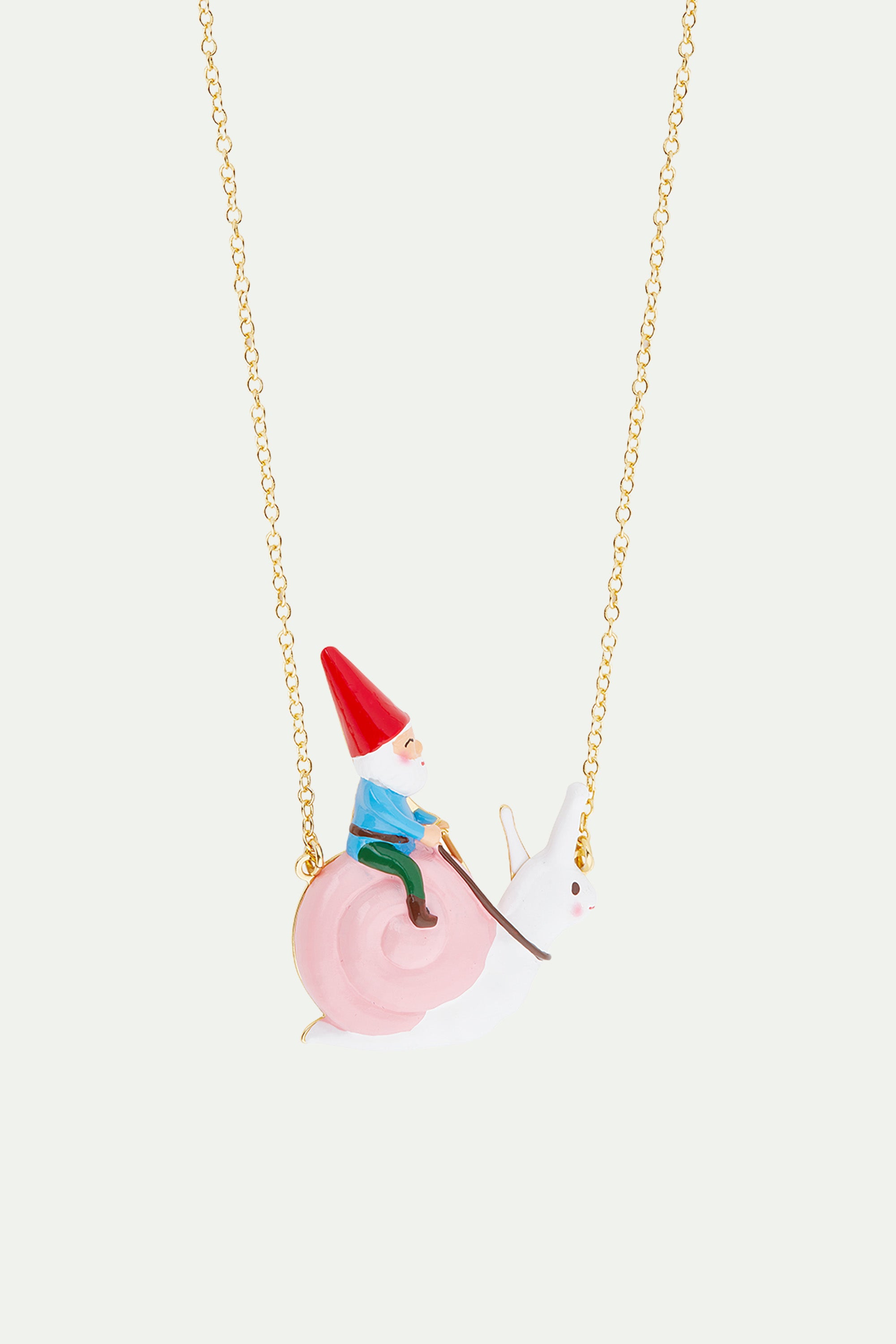 Garden gnome and snail riding pendant necklace