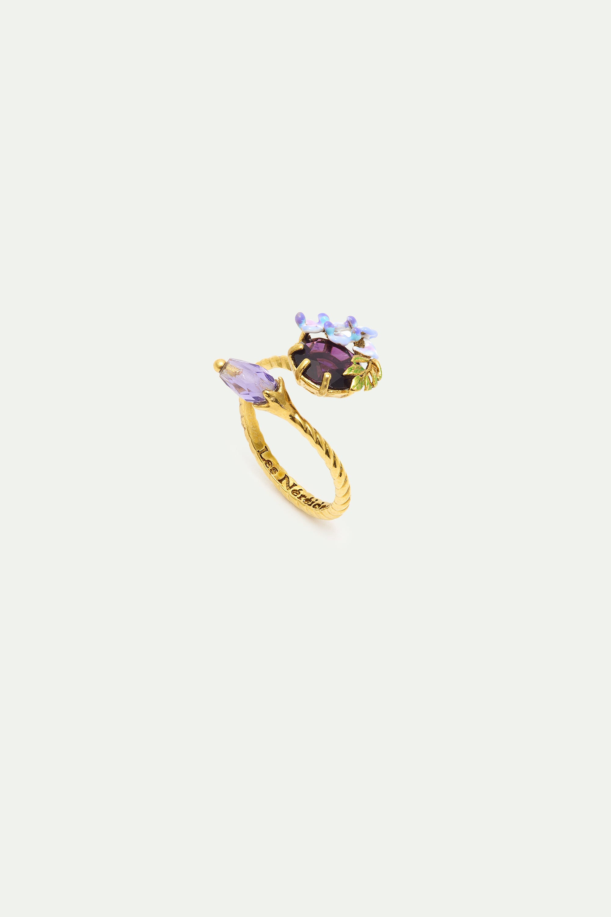 Adjustable ring with round stone, wisteria, and purple crystal