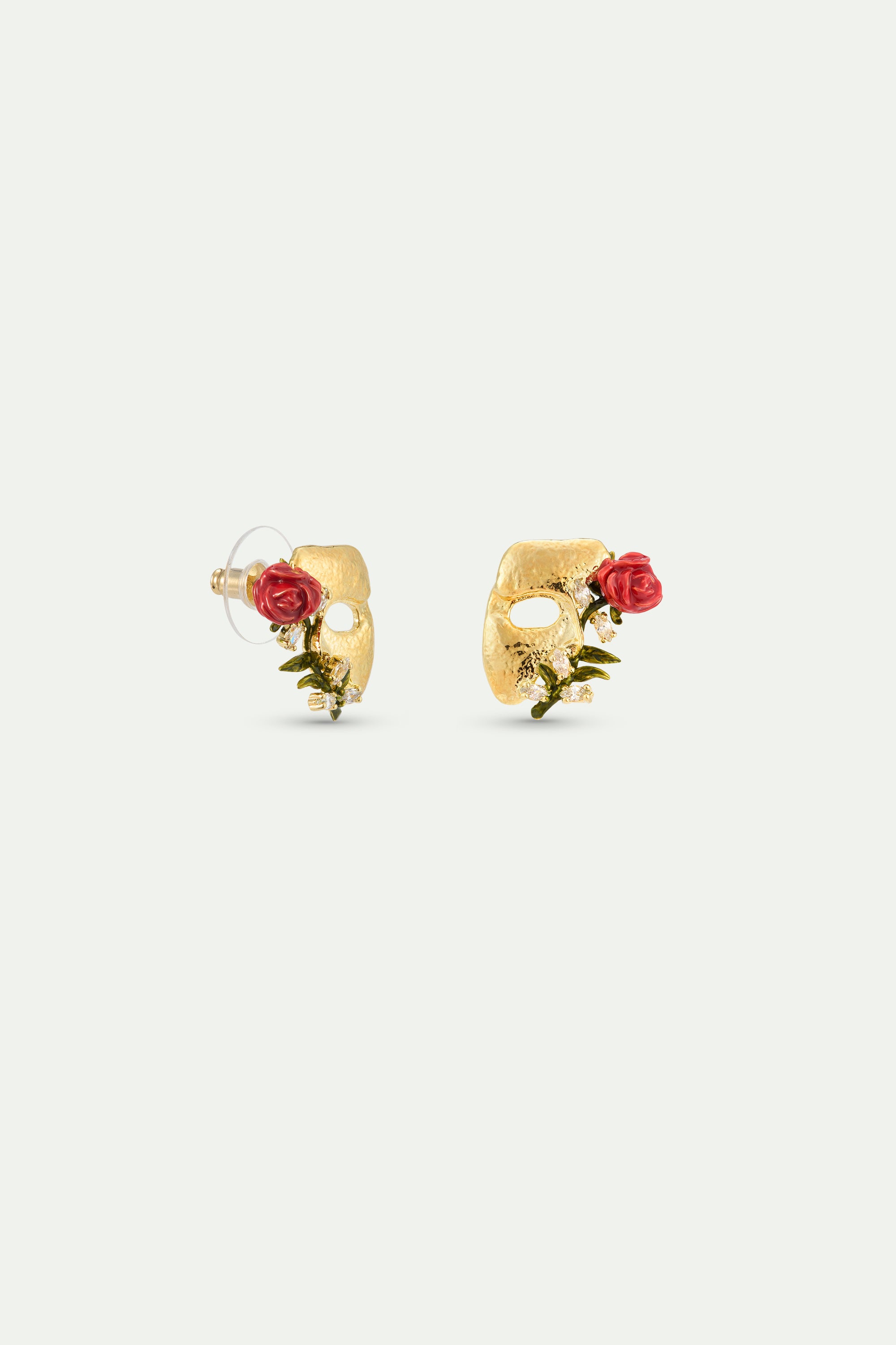Gold mask, rose and crystal post earrings