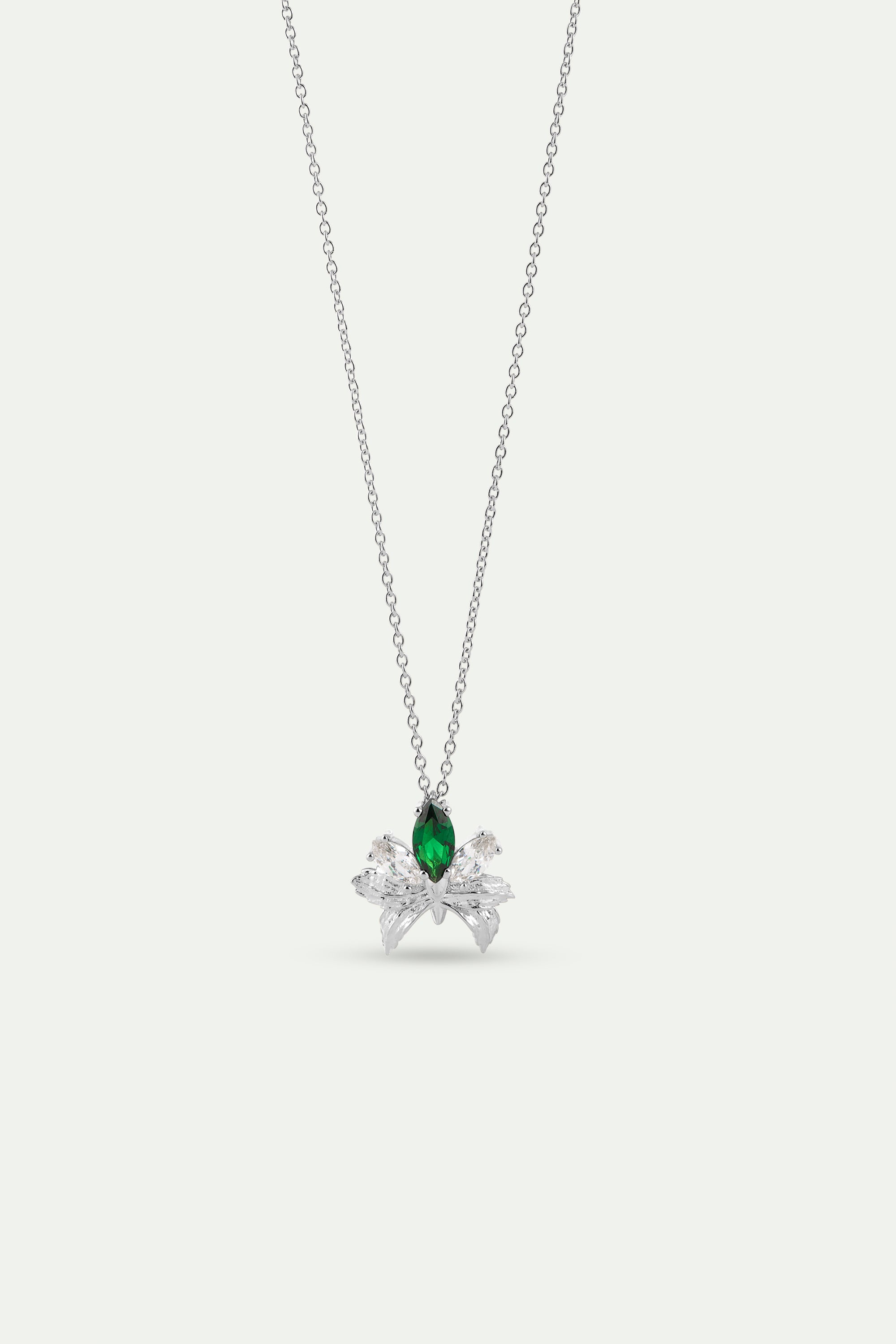 Silver pendant necklace with orchid, green and white stones