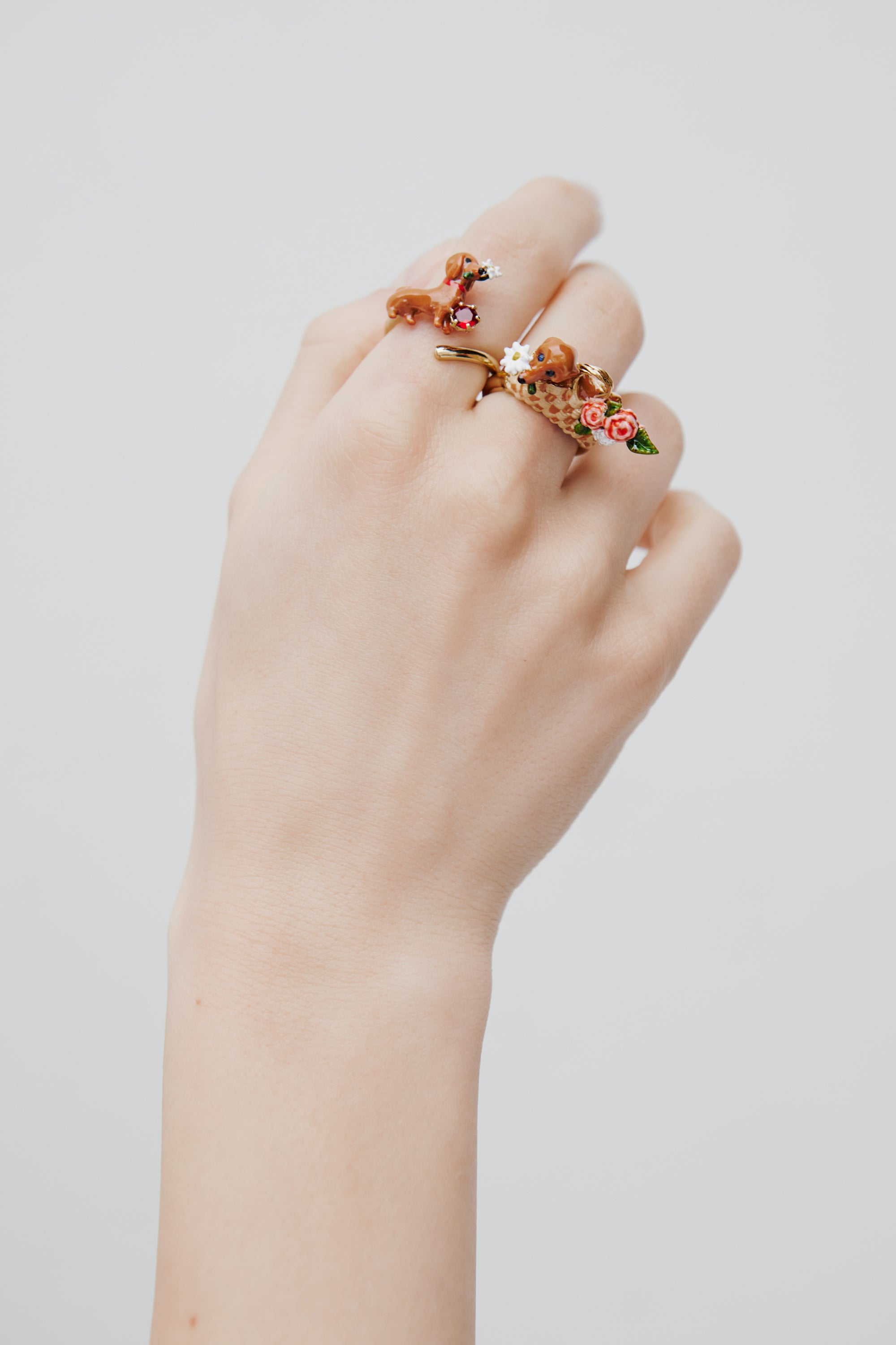 Dachshund, daisy and pink stone adjustable ring