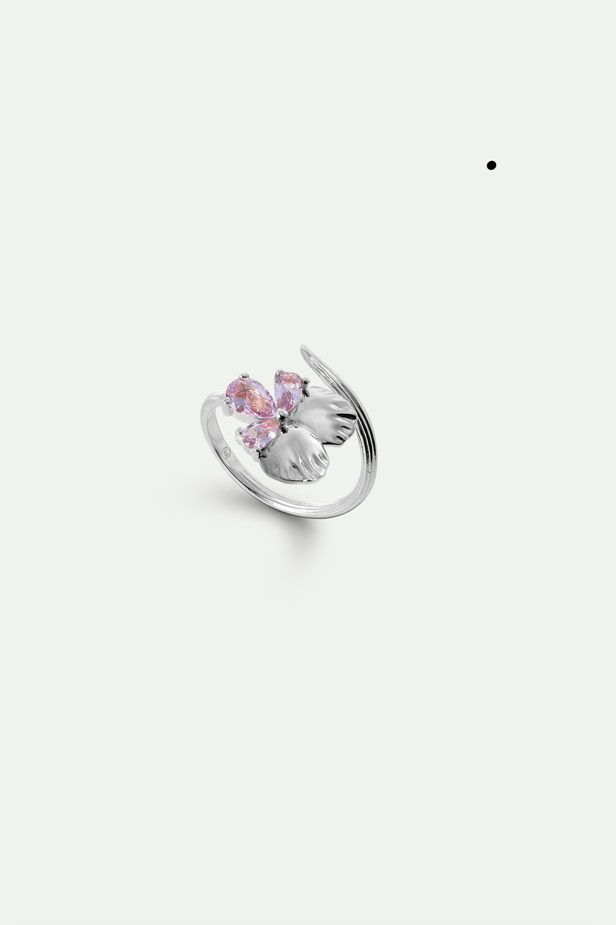 Silver adjustable ring with pansy and pink stones