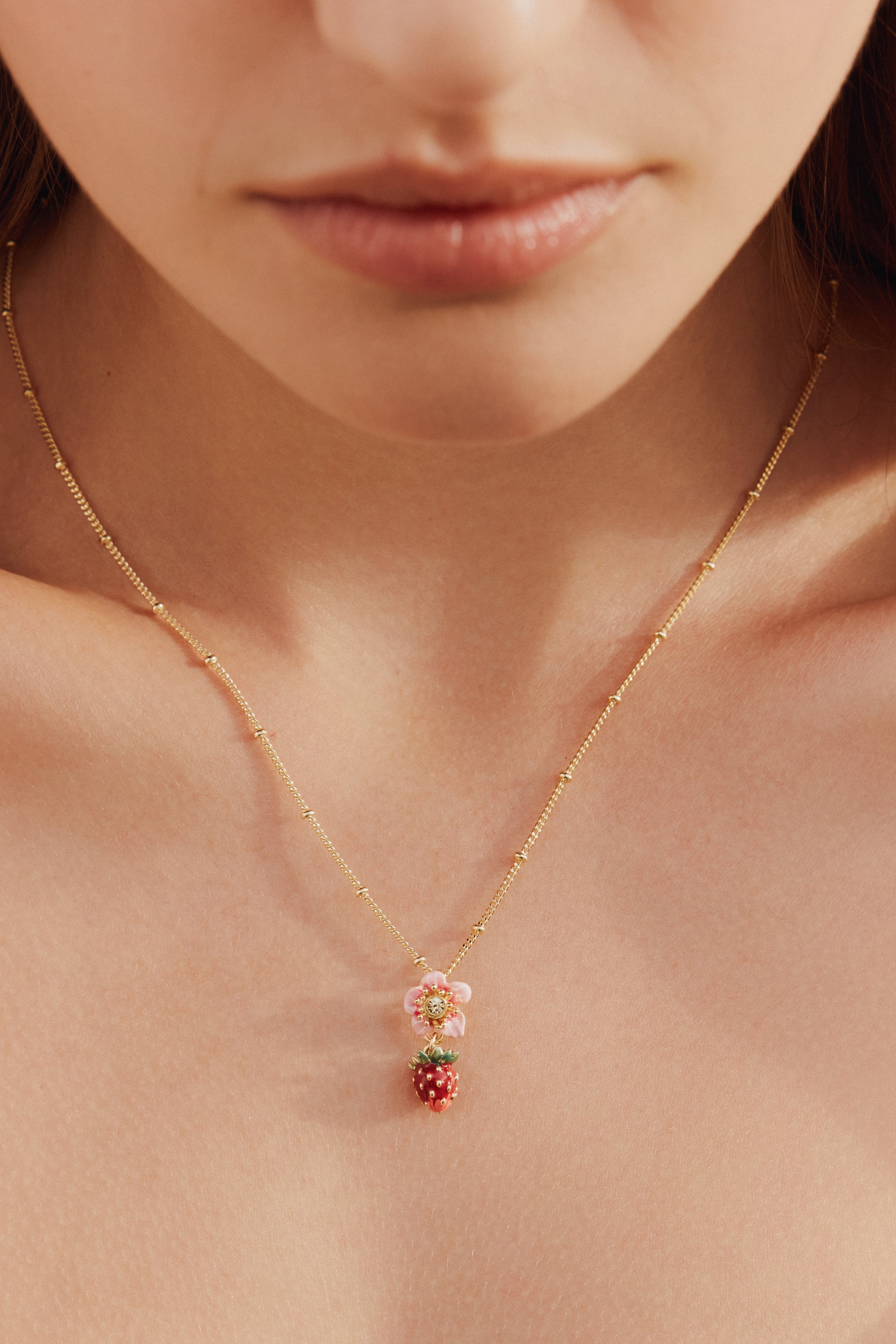 Wild strawberry and pink flower pendant necklace