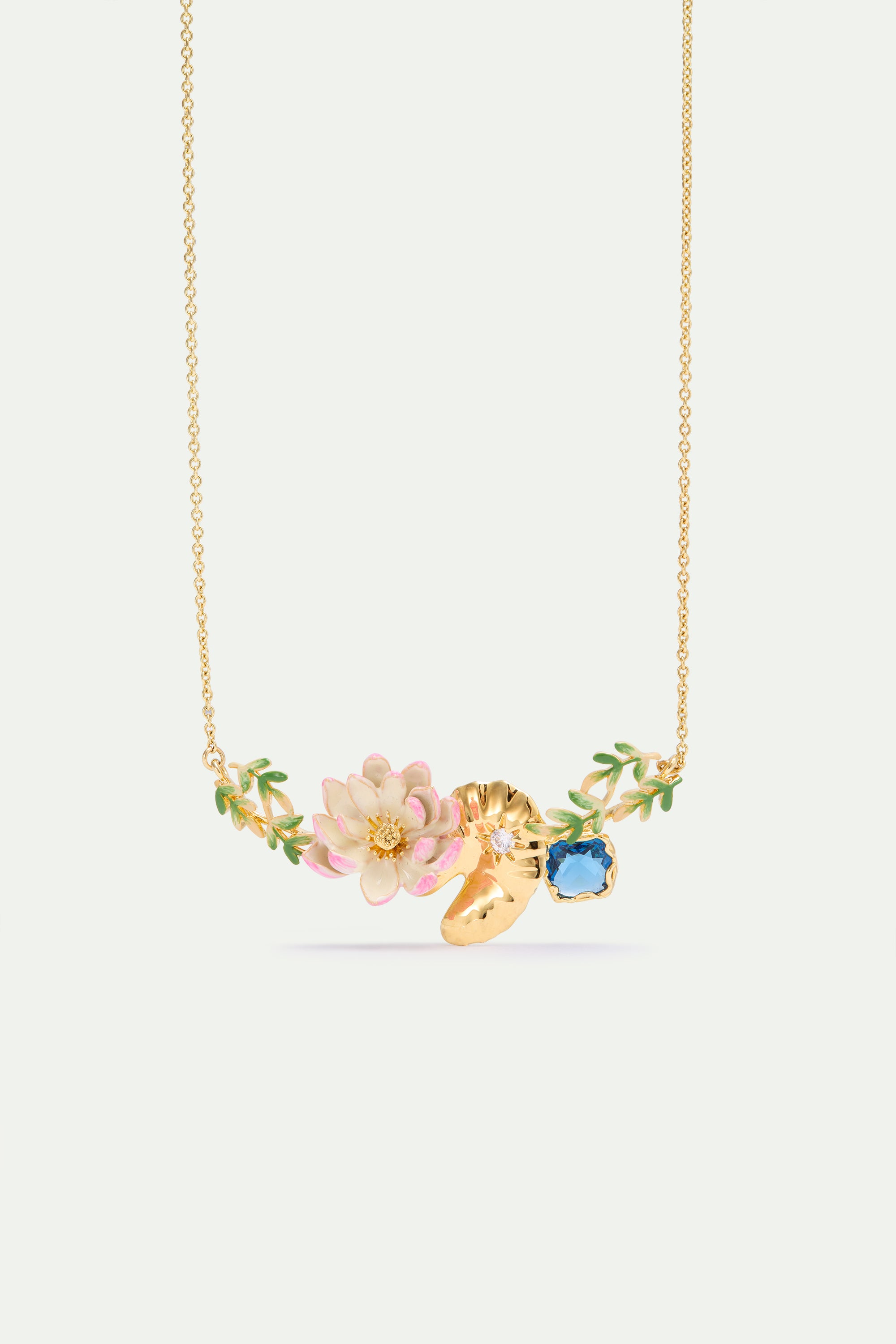 Pink water lily, golden lotus, and blue round stone statement necklace