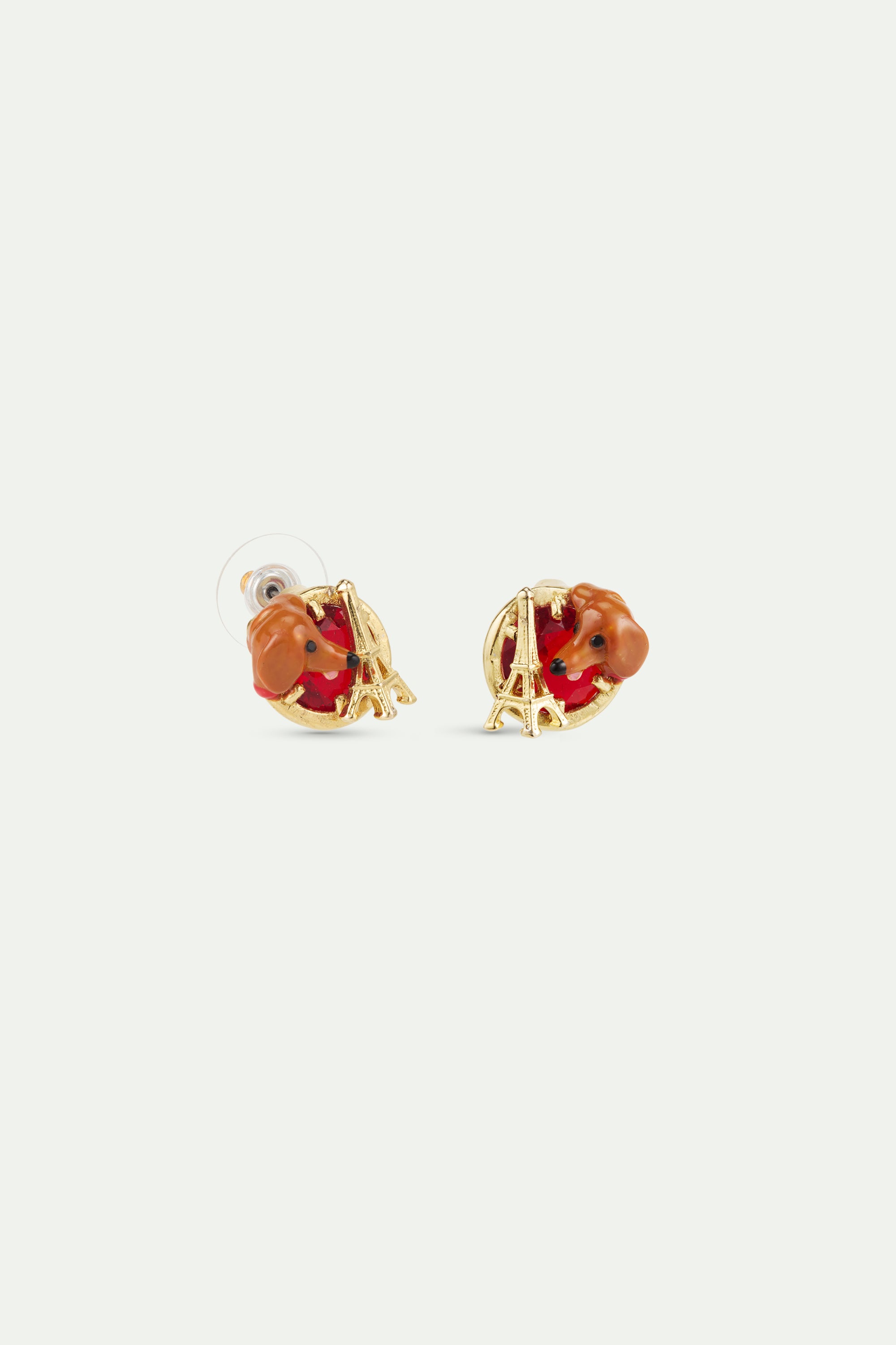 Dachshund post earrings with Eiffel tower and garnet red stone