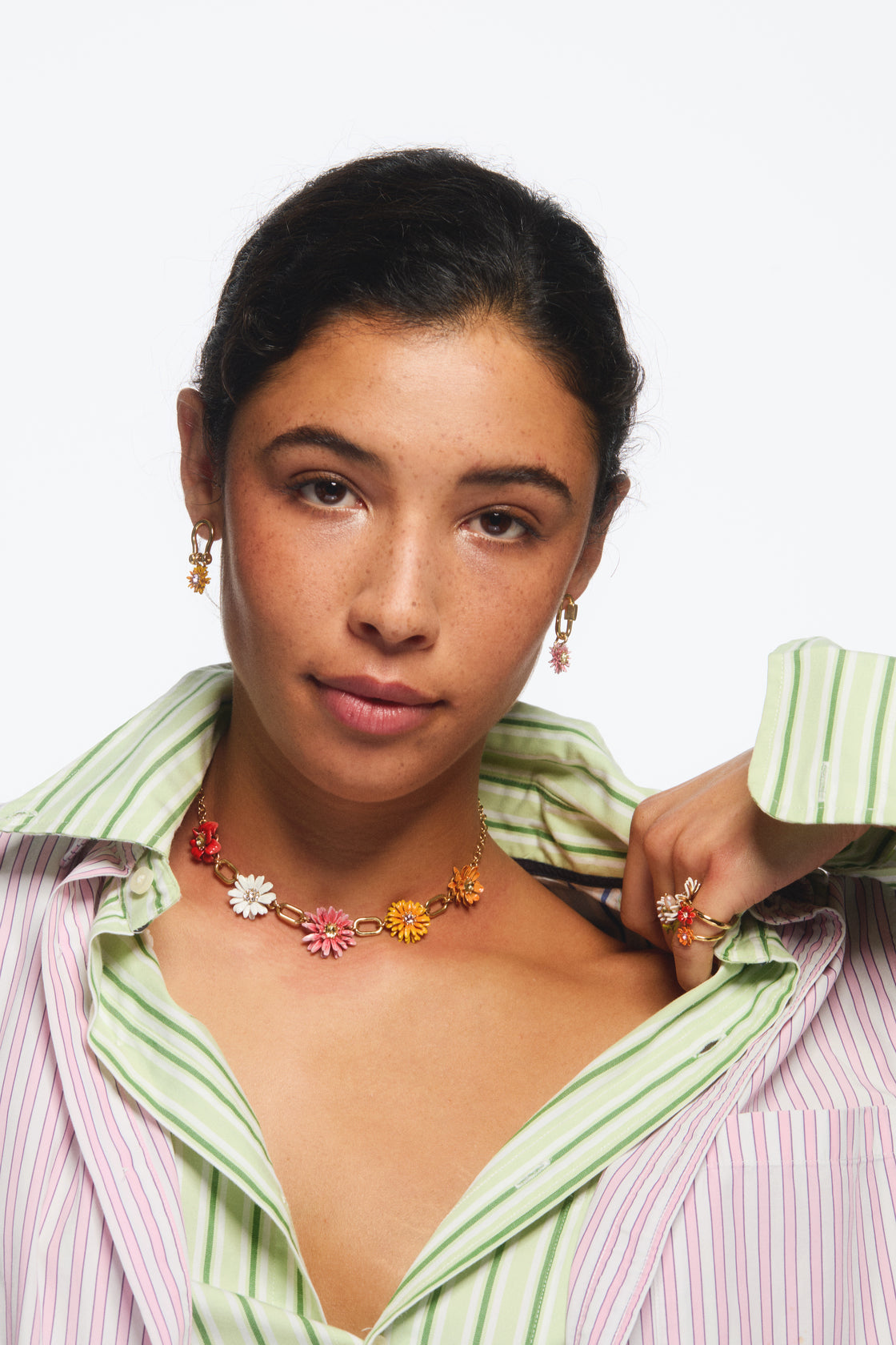 Carabiner and flower post earrings