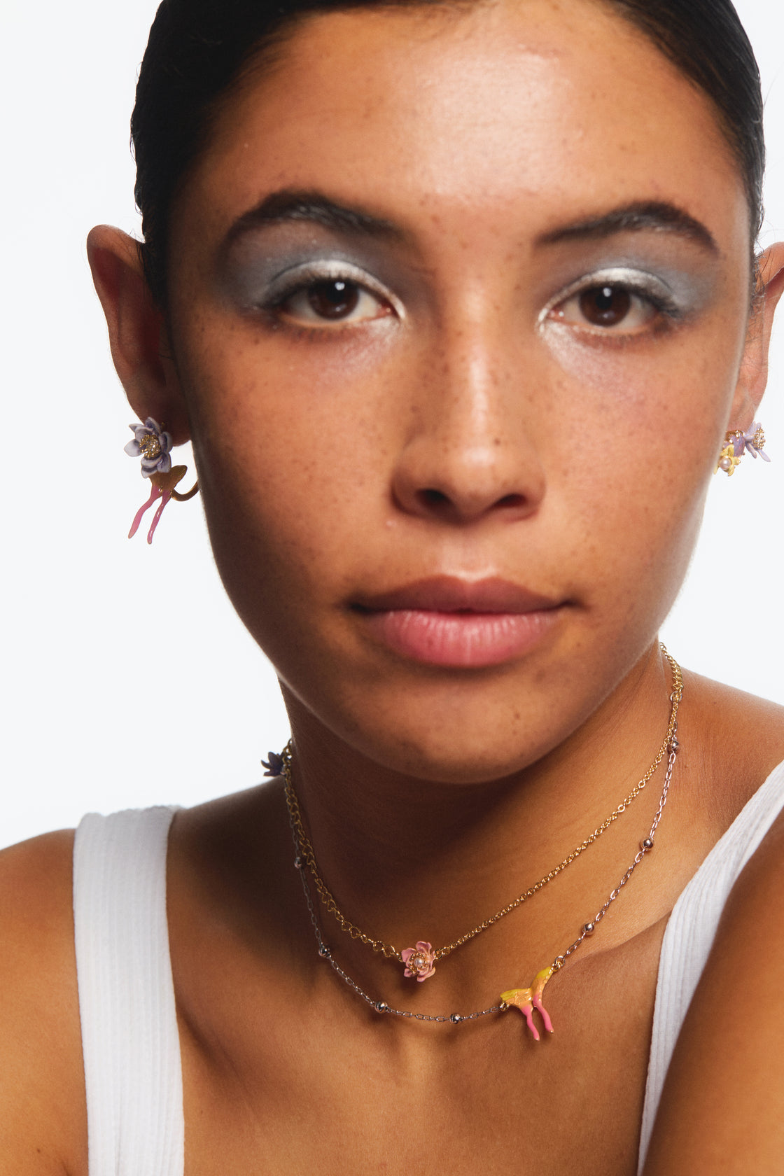 Two-tone chain, magnolia flower and butterfly necklace