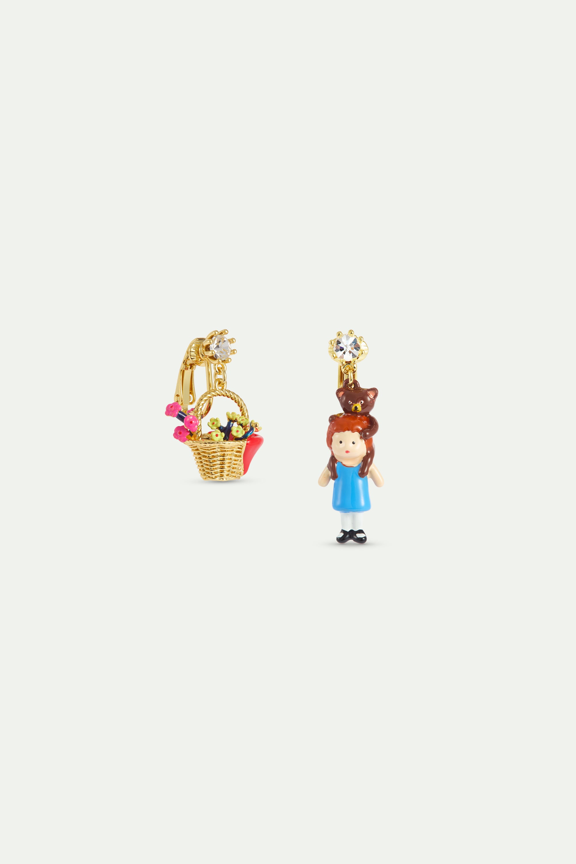 Asymmetrical earrings with flower basket and Goldilocks design, faceted crystal