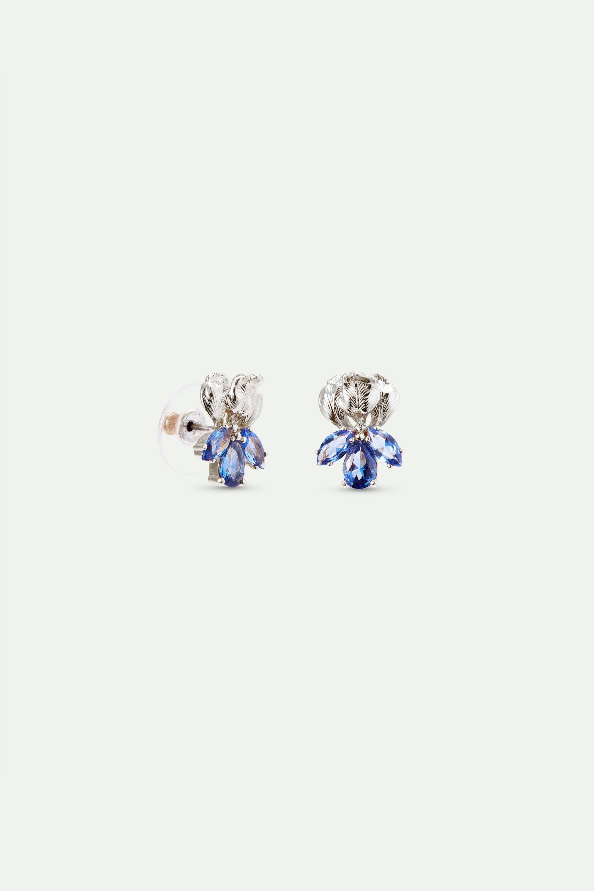 Silver iris flower and blue stone post earrings