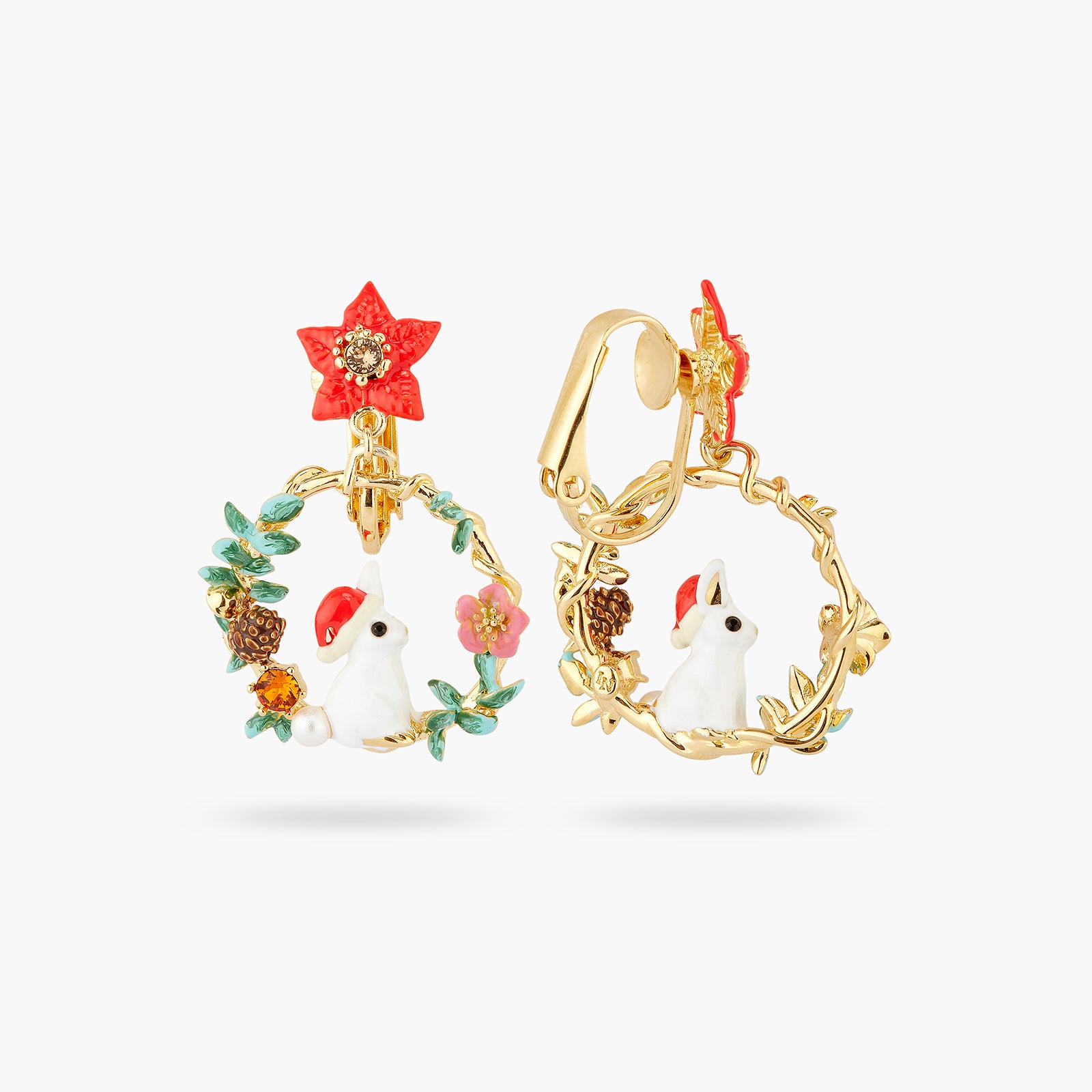 Rabbit and poinsettia post hoop earrings