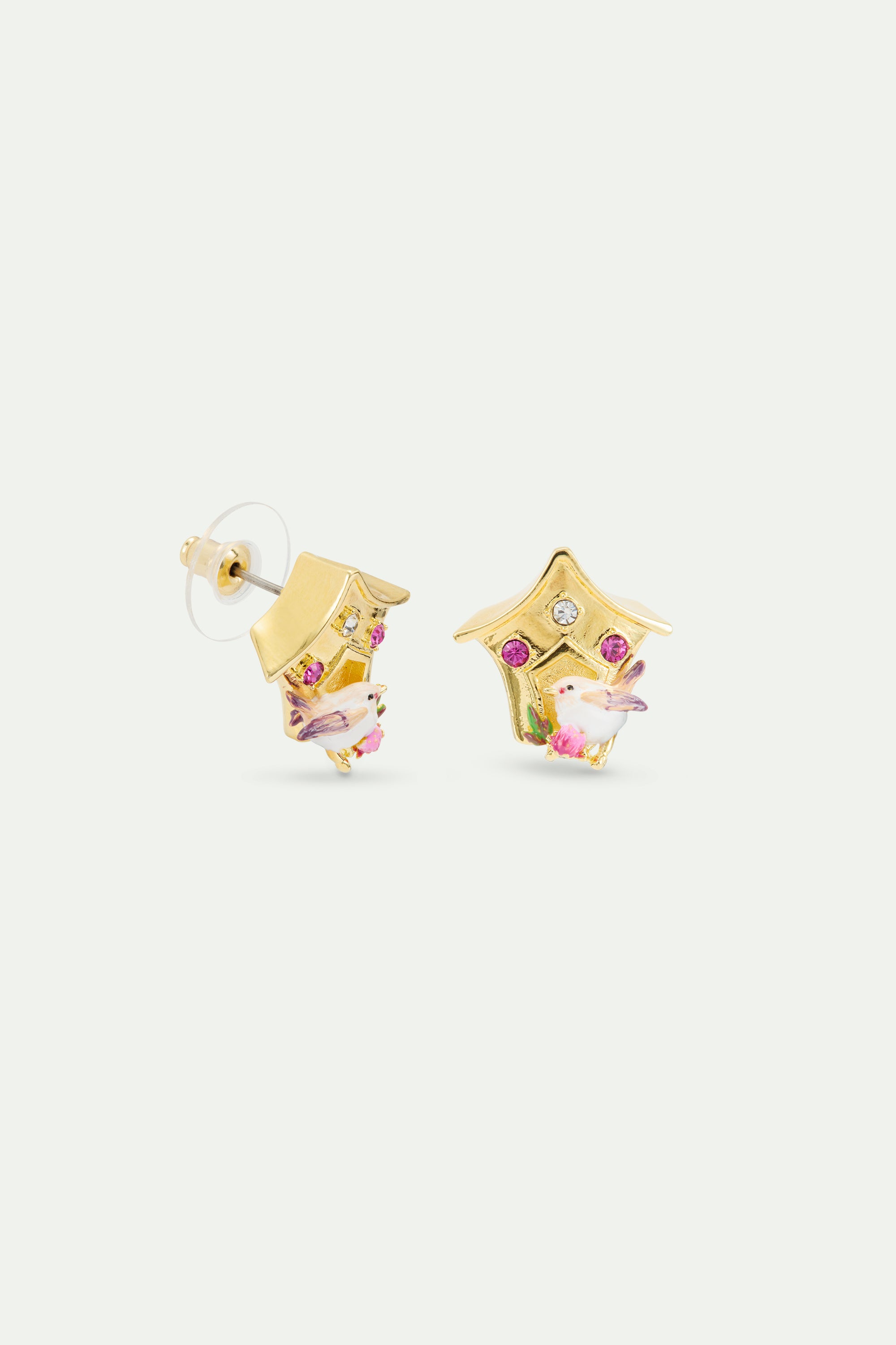 Birdhouse earrings, with snow bunting and pink crystals