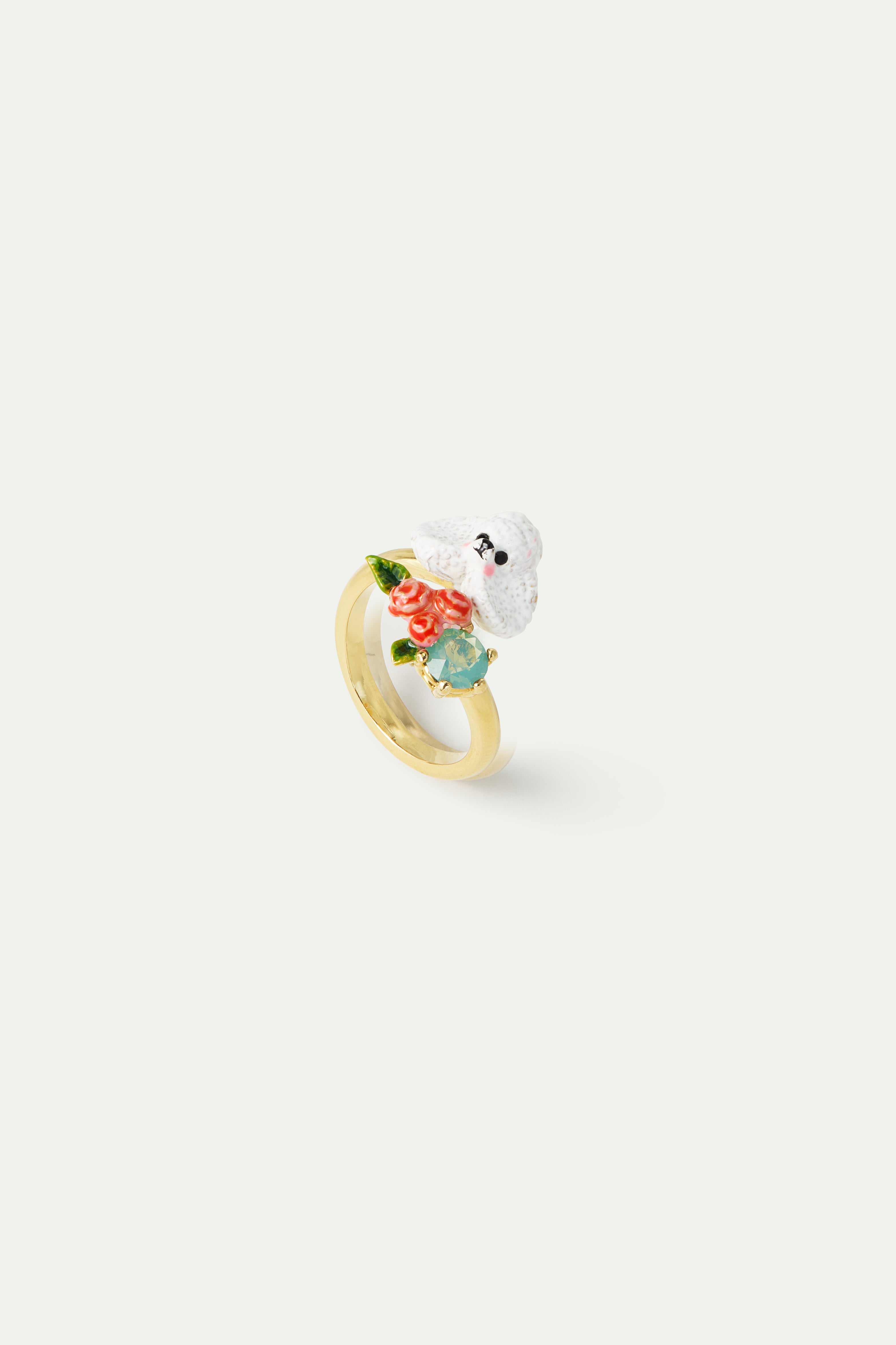 Poodle adjustable ring with pink roses and a blue stone
