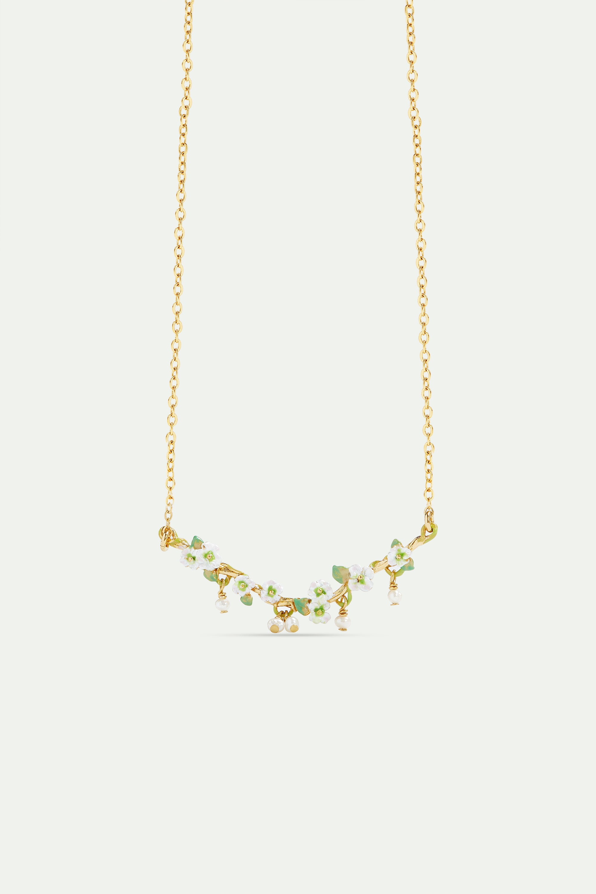 White hollyhocks and mother of pearl beads gold-plated statement necklace