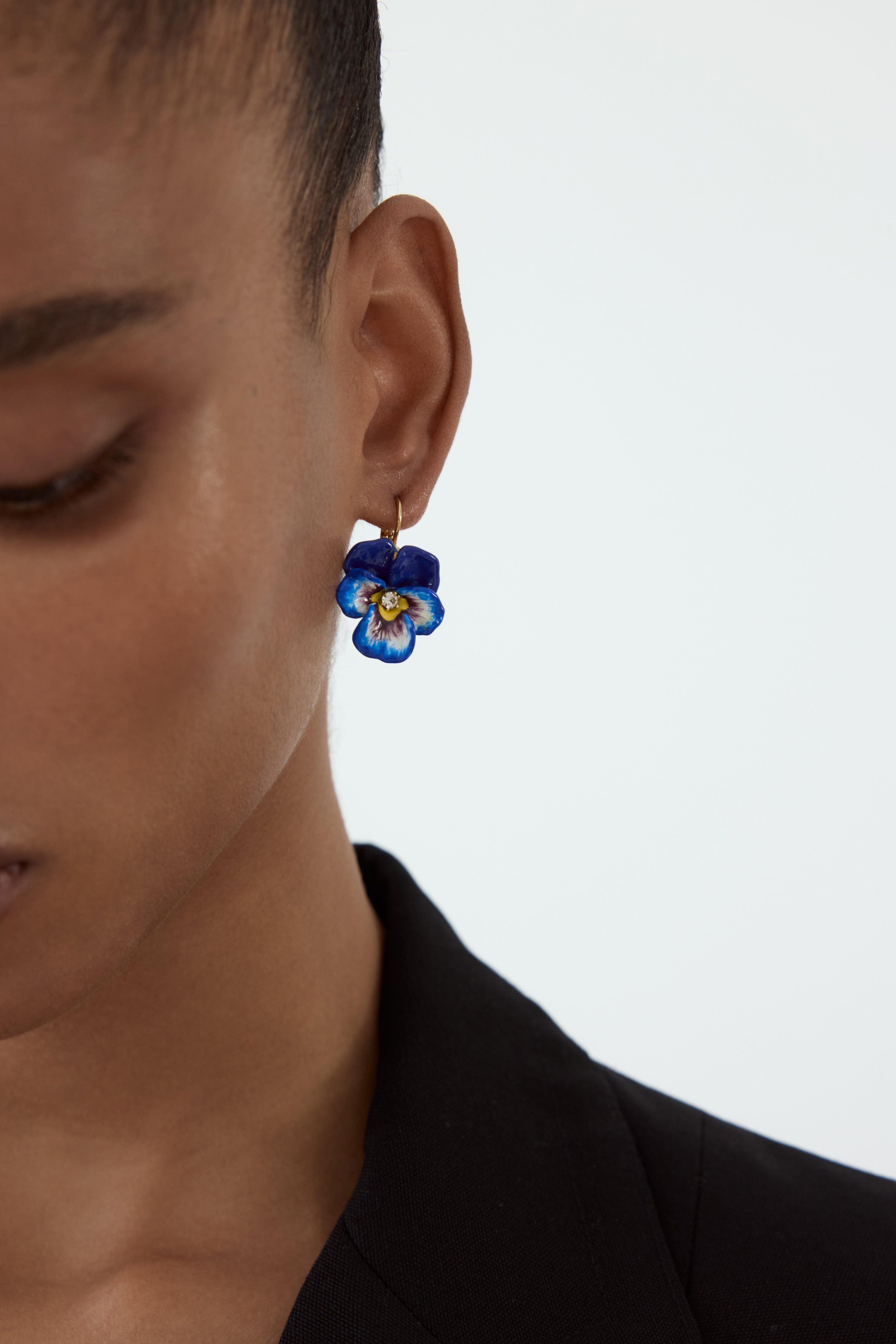 Blue pansy and faceted crystal Sleeper earrings
