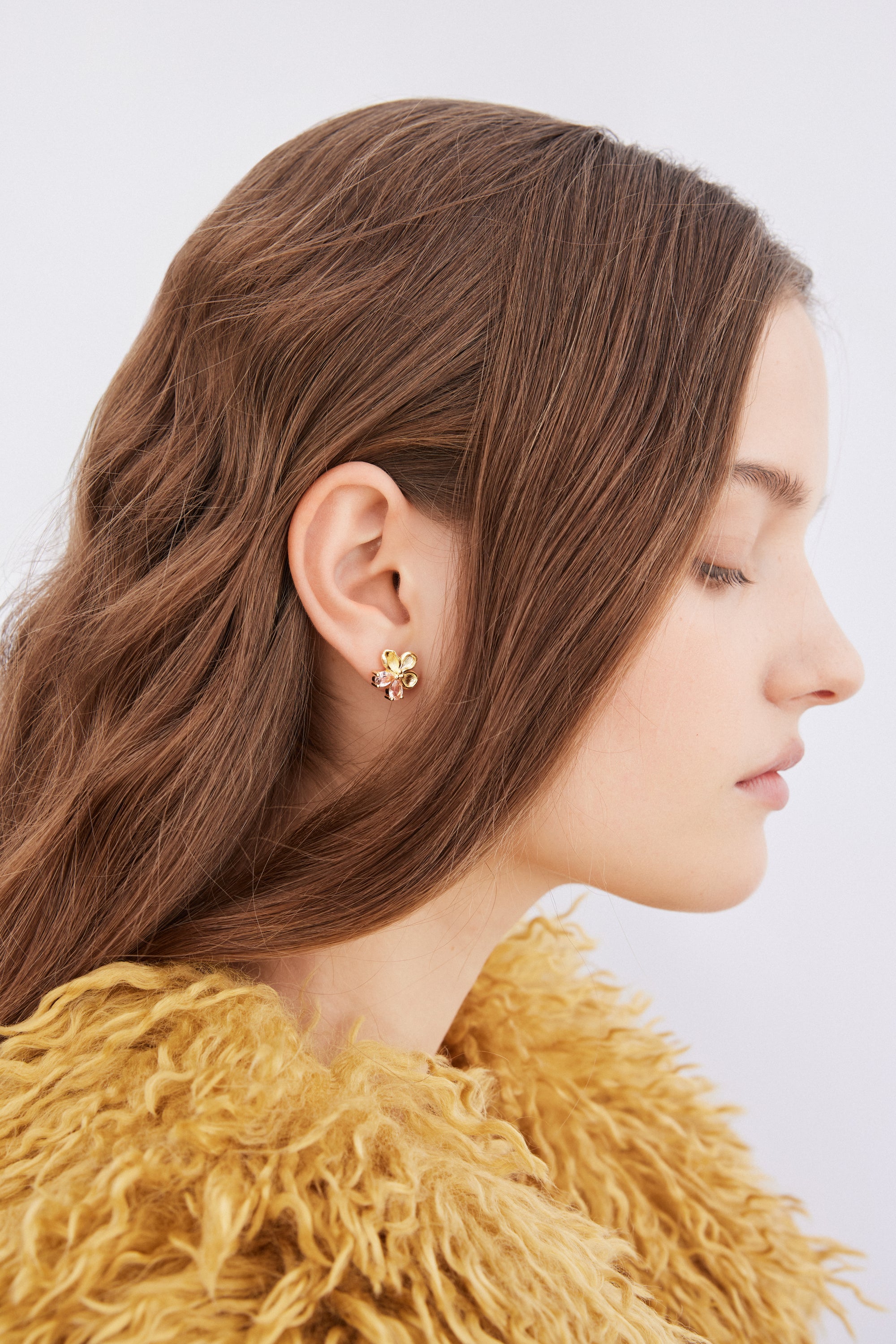 Gold cherry blossom and pink stone post earrings