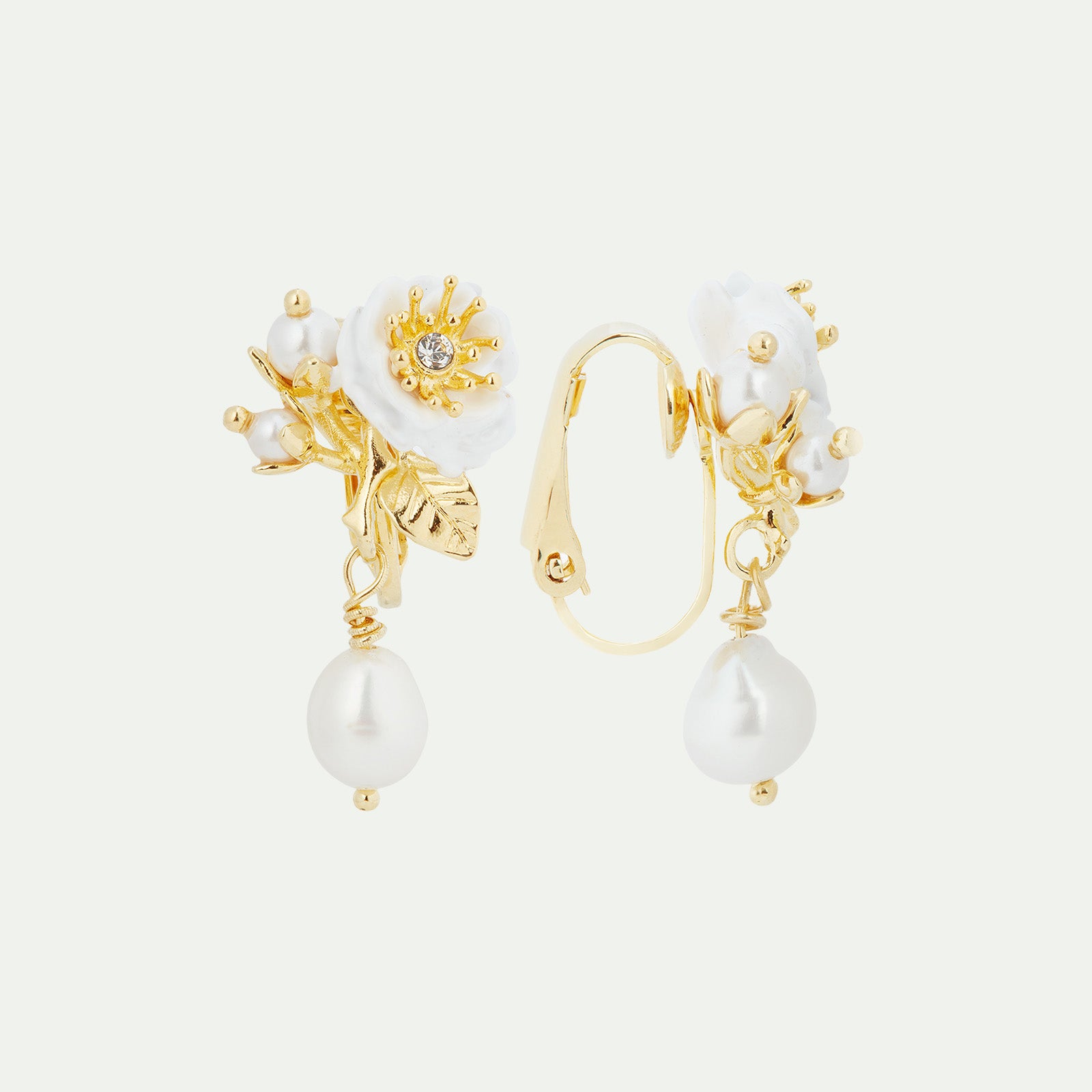 White rose and pearls clip-on hoop earrings