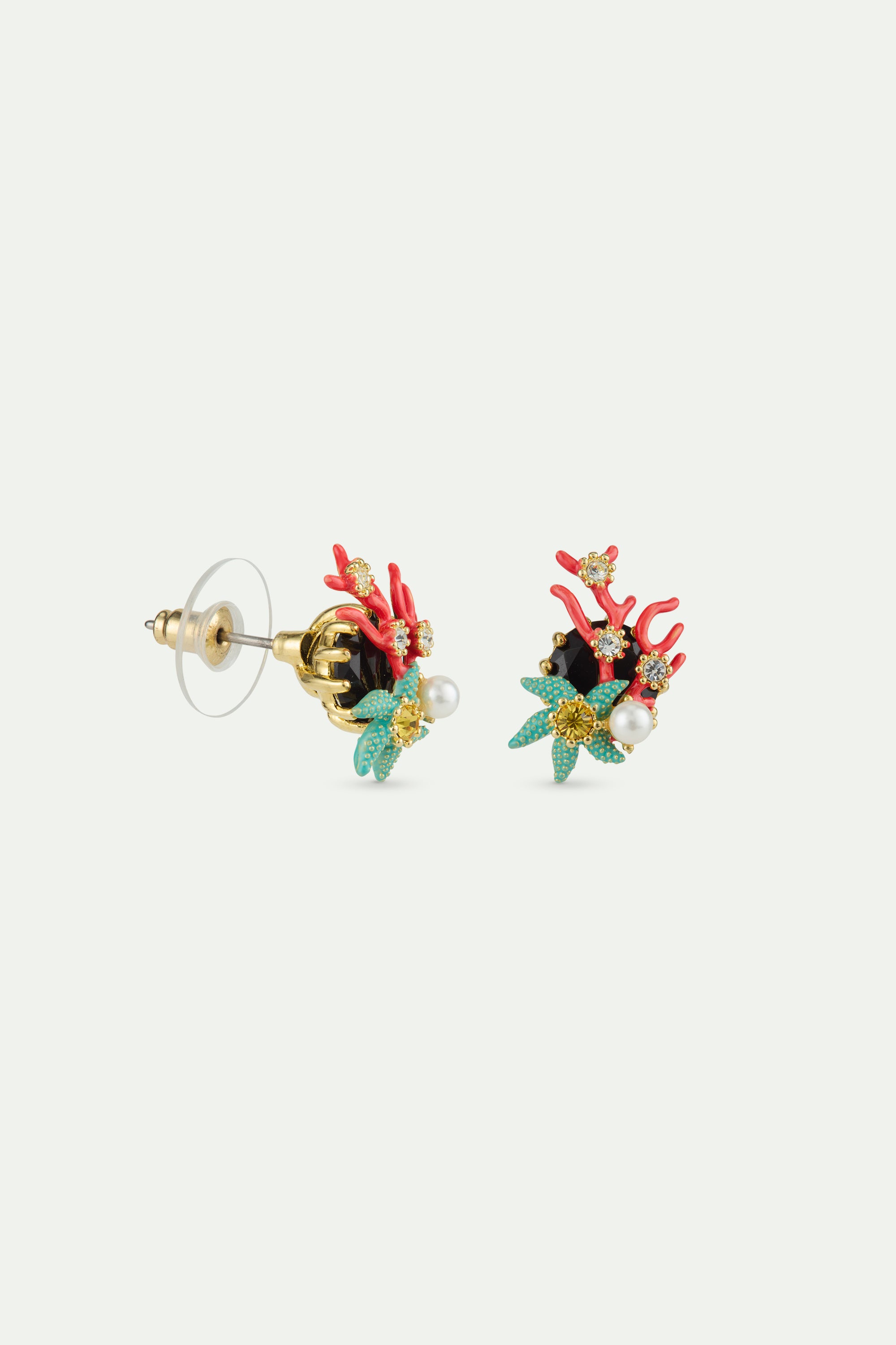 Post earrings with round black faceted stone, red coral, blue starfish and cultured pearl