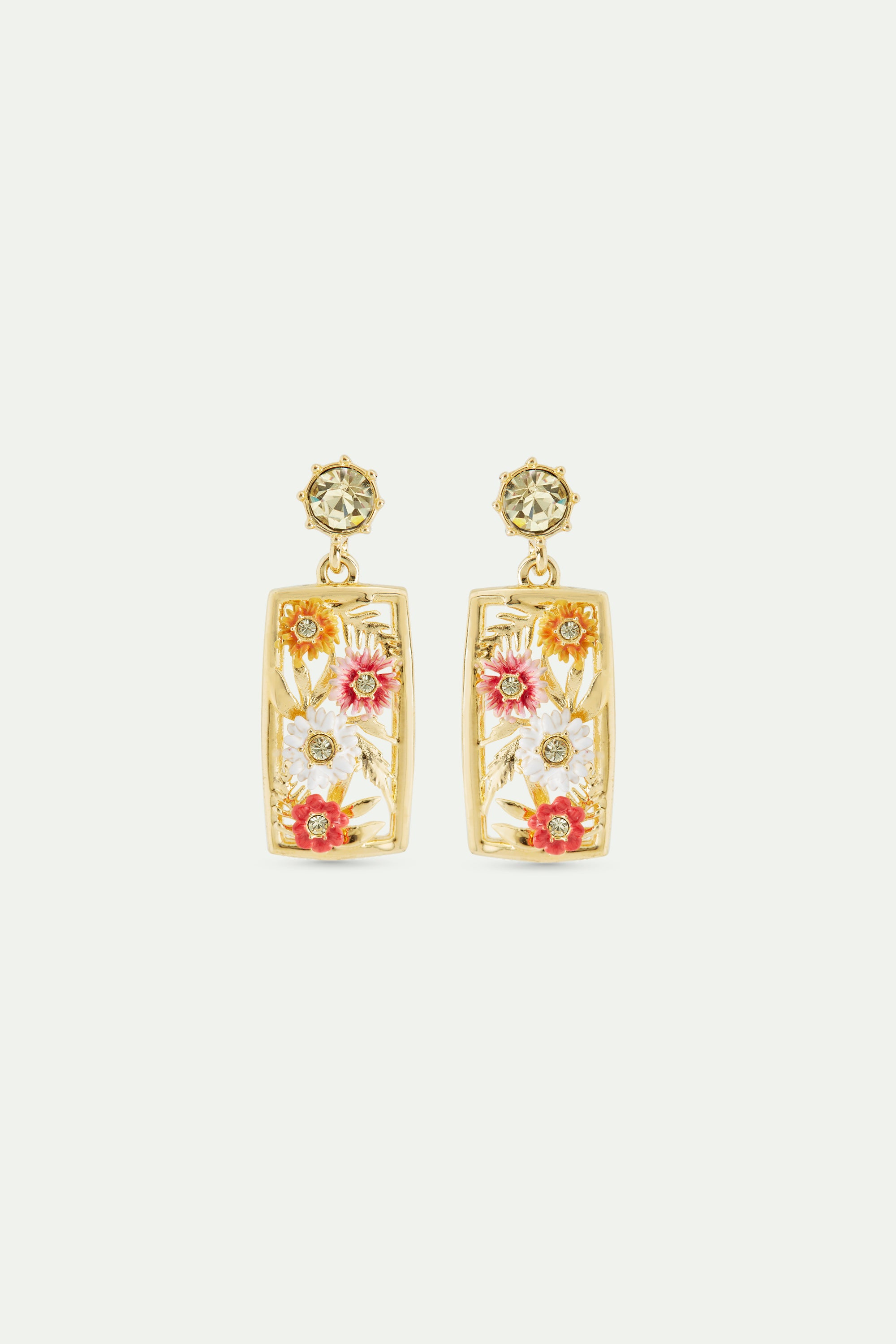 Gold-plated openwork post earrings with zinnias and faceted yellow crystal