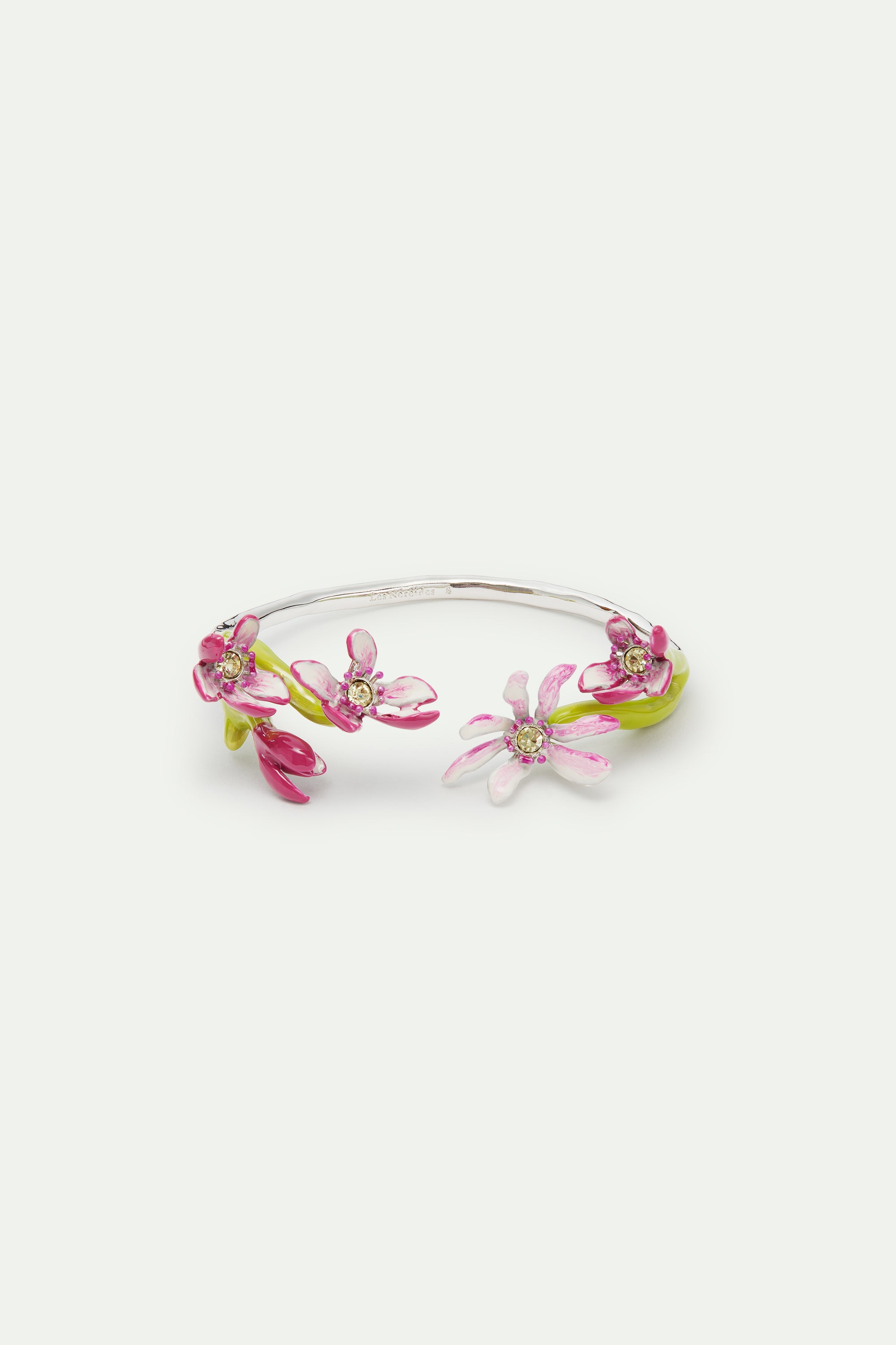 Fine silver cuff bracelet with pink magnolia flowers and crystals