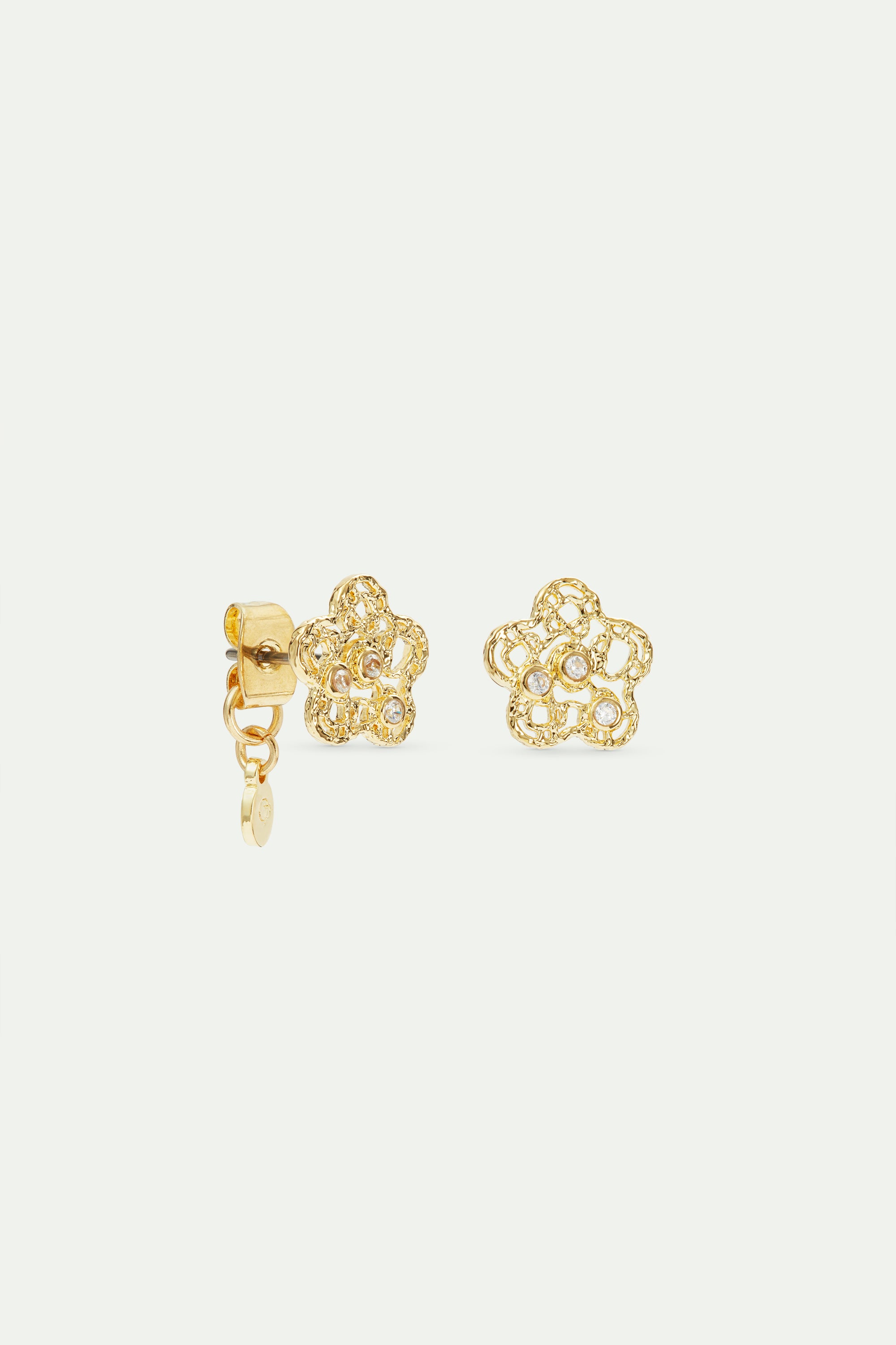 Golden filigree flower and crystal post earrings