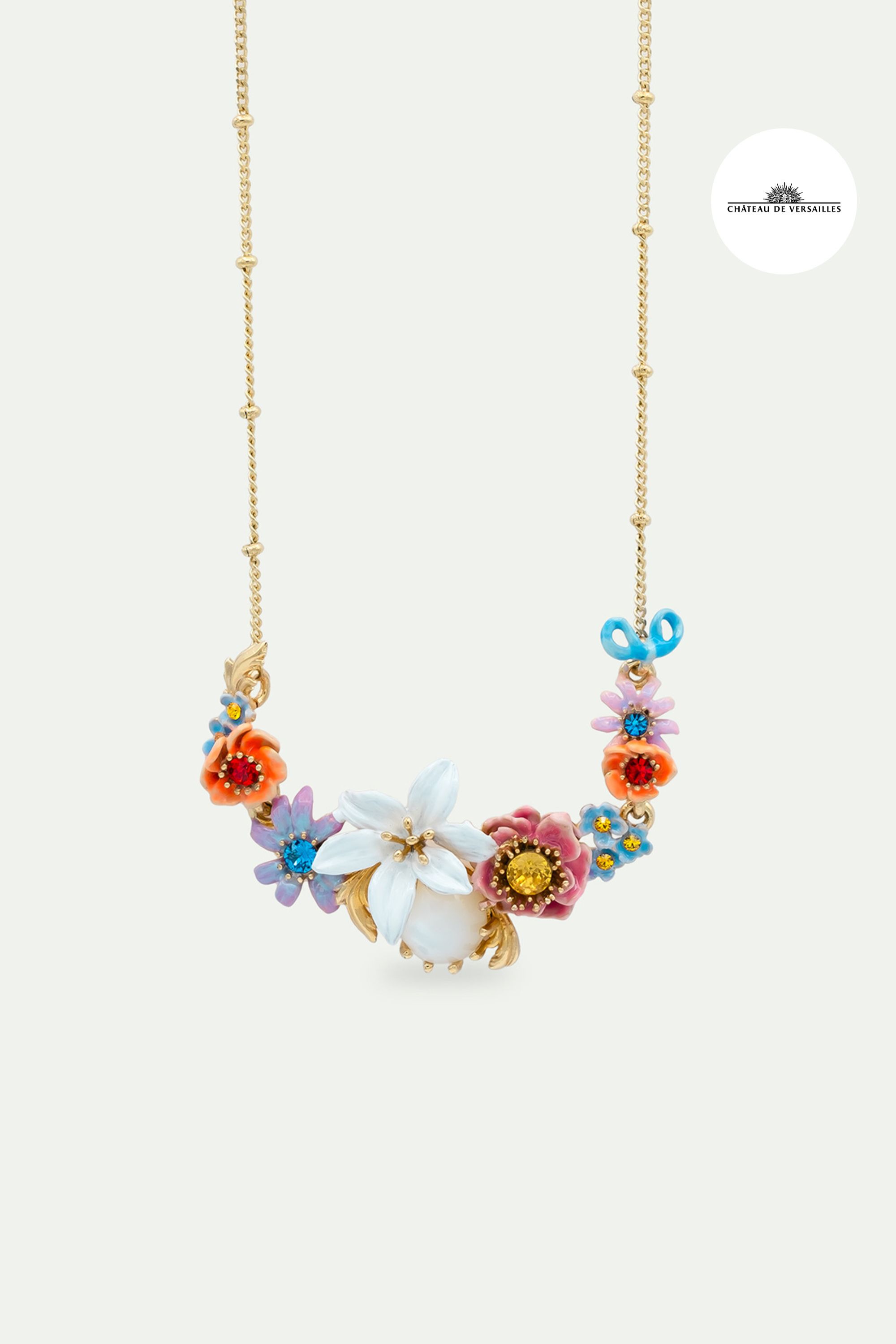 Pink and blue flowers, lily and mother of pearl round stone statement necklace