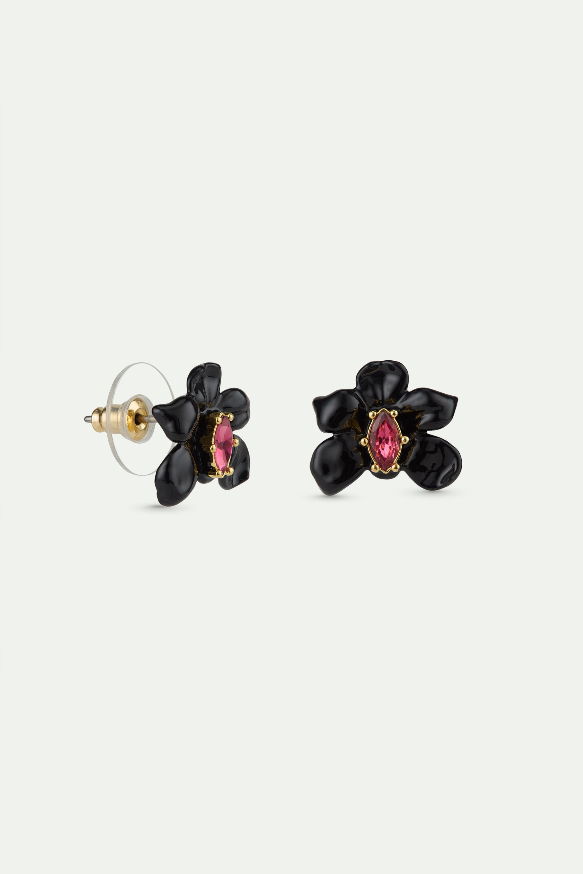 Post earrings with black orchid and pink faceted crystal