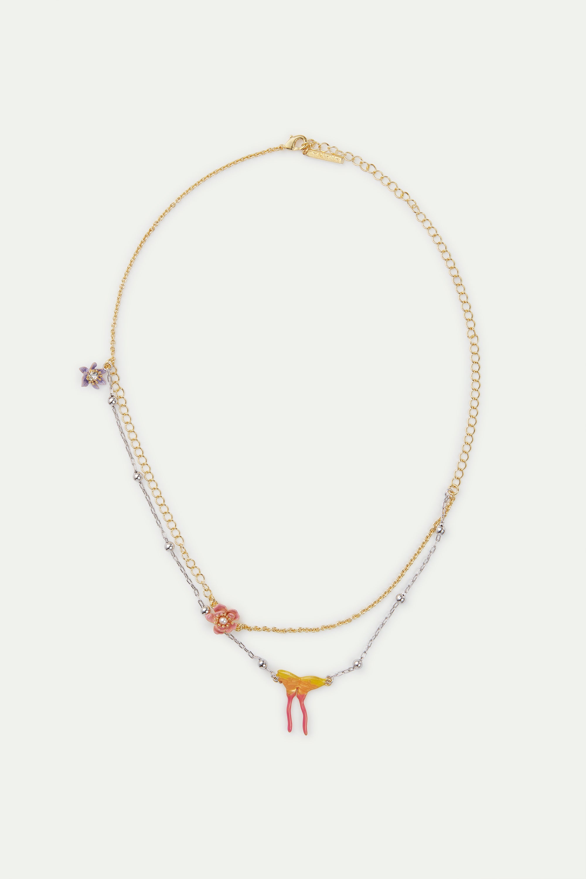 Two-tone chain, magnolia flower and butterfly necklace