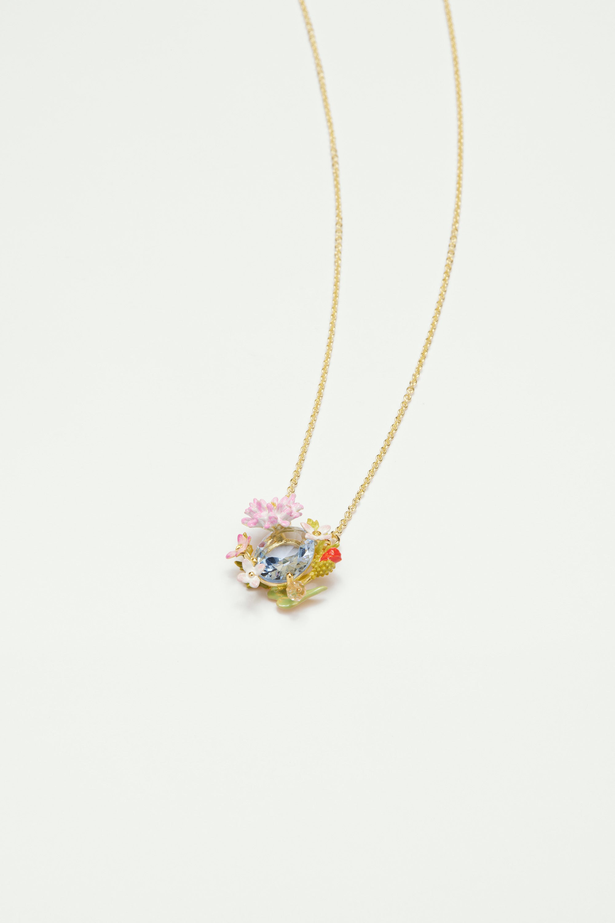 Poppy, daisy and blue cut glass stone pendant necklace