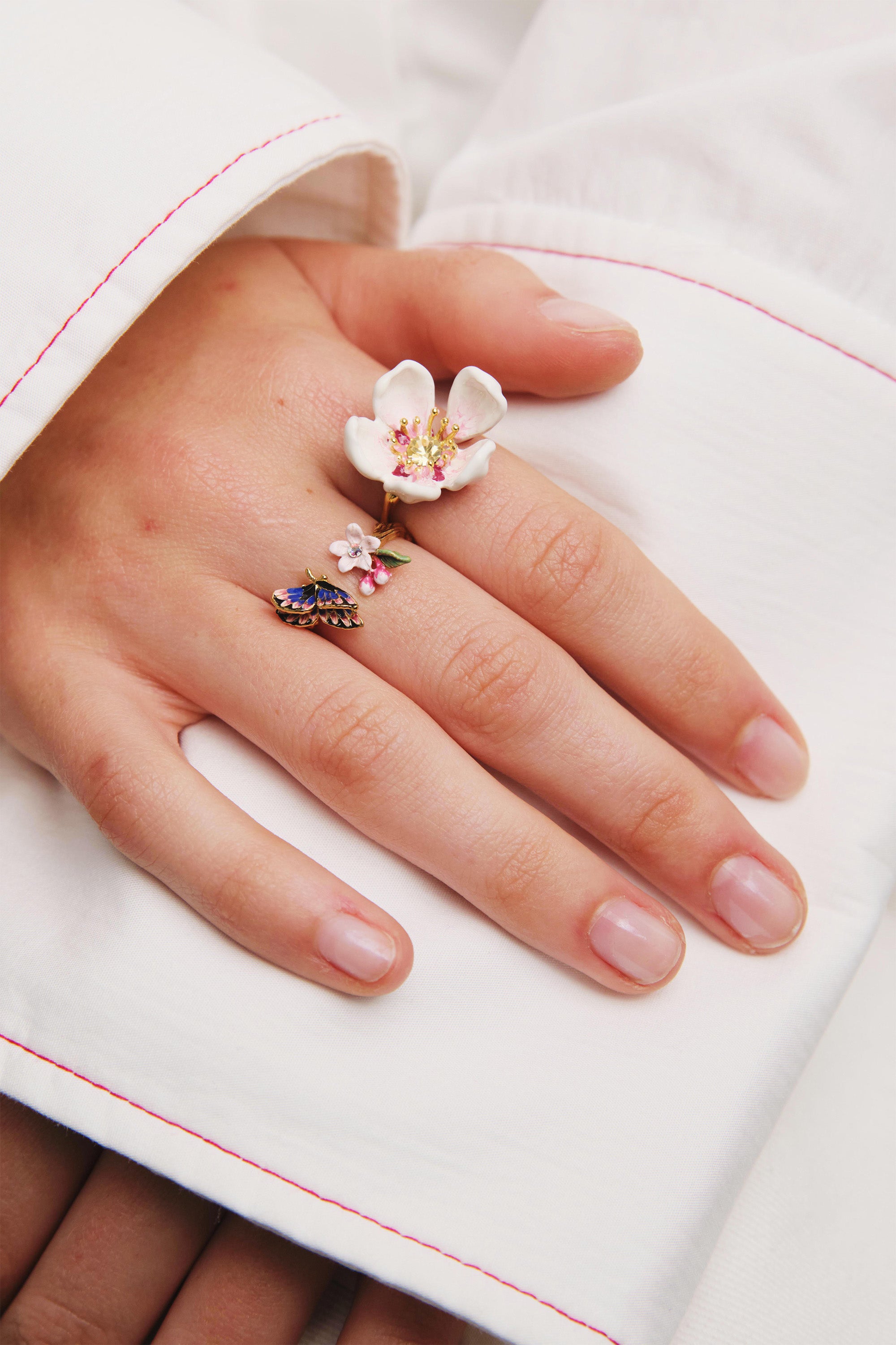 Japanese white cherry blossom and petals adjustable ring