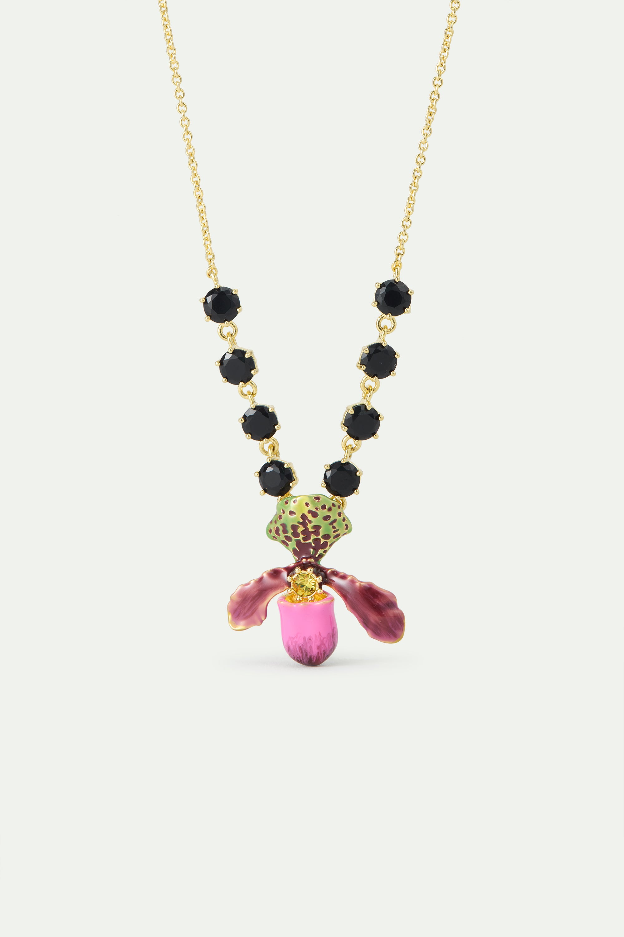 Purple lady's slipper orchid necklace with black faceted glass stones