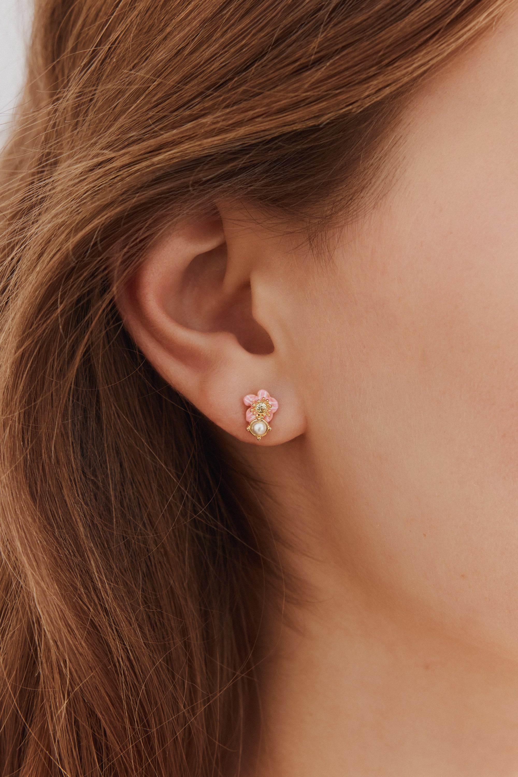 Asymmetrical wild strawberry and pink flower post earrings