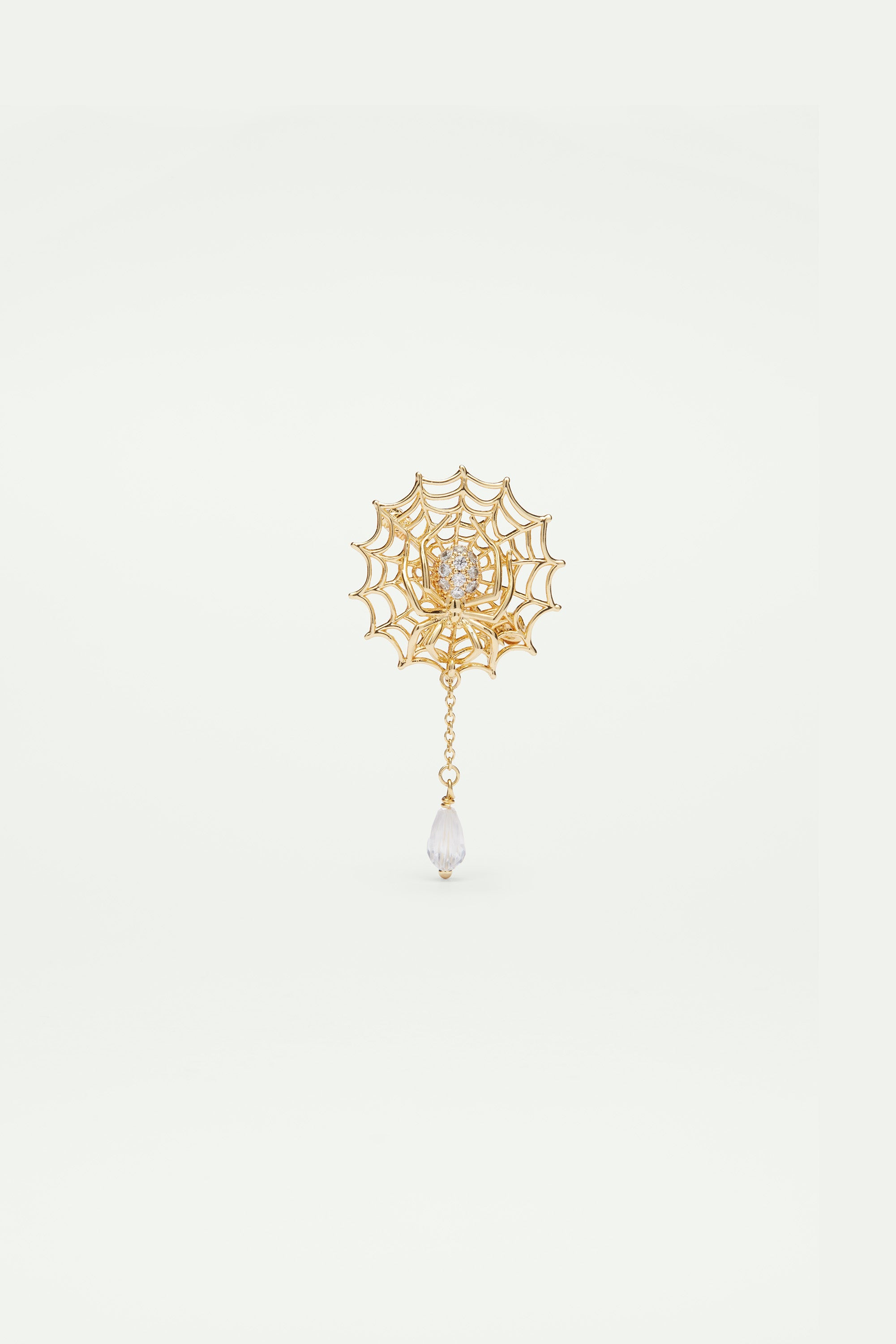 Spider's web and cut crystal dangling brooch