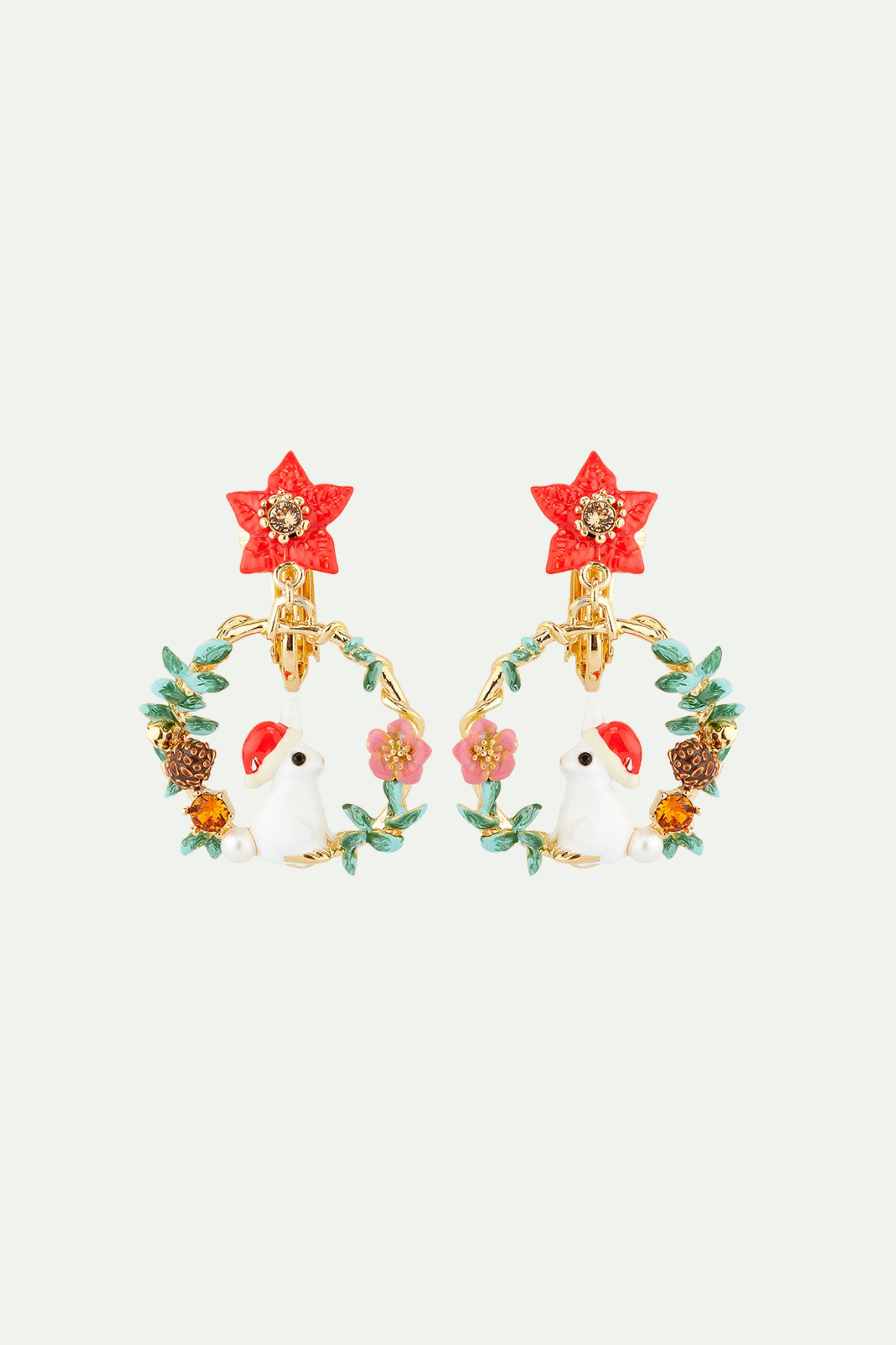 Rabbit and poinsettia post hoop earrings