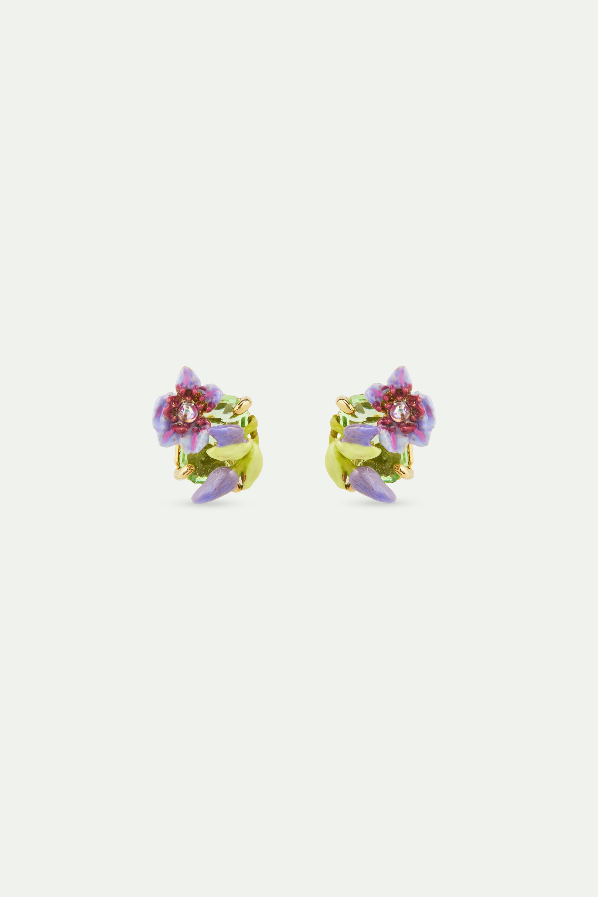 Purple clematis, ivy and emerald-cut faceted green glass earrings